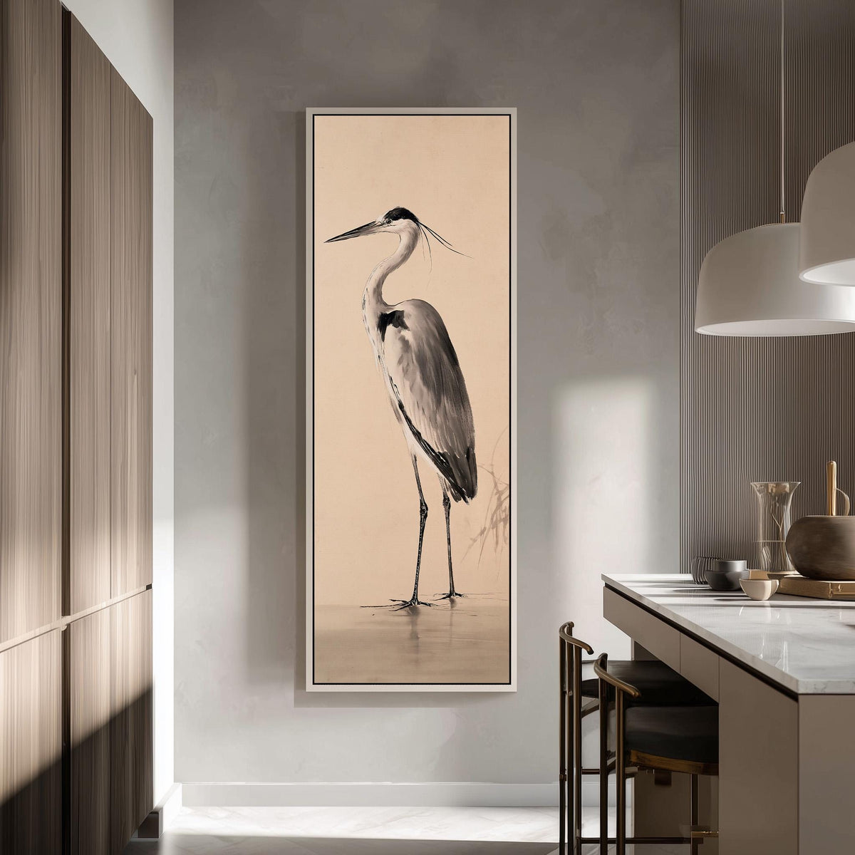 Grey heron standing in shallow water tall skinny canvas print in a modern kitchen