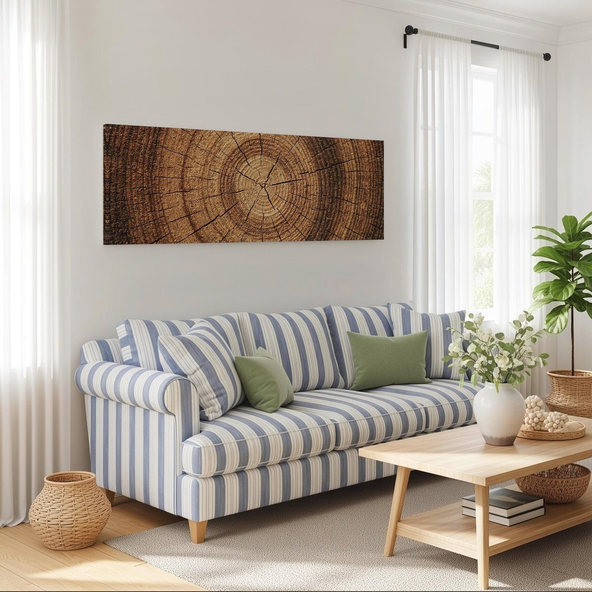Warm oak wood ring long horizontal canvas print above a striped sofa in a coastal living room