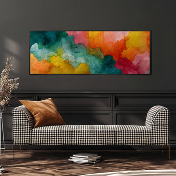 a checkered sofa with a vibrant abstract painting hanging above it on a dark wall.