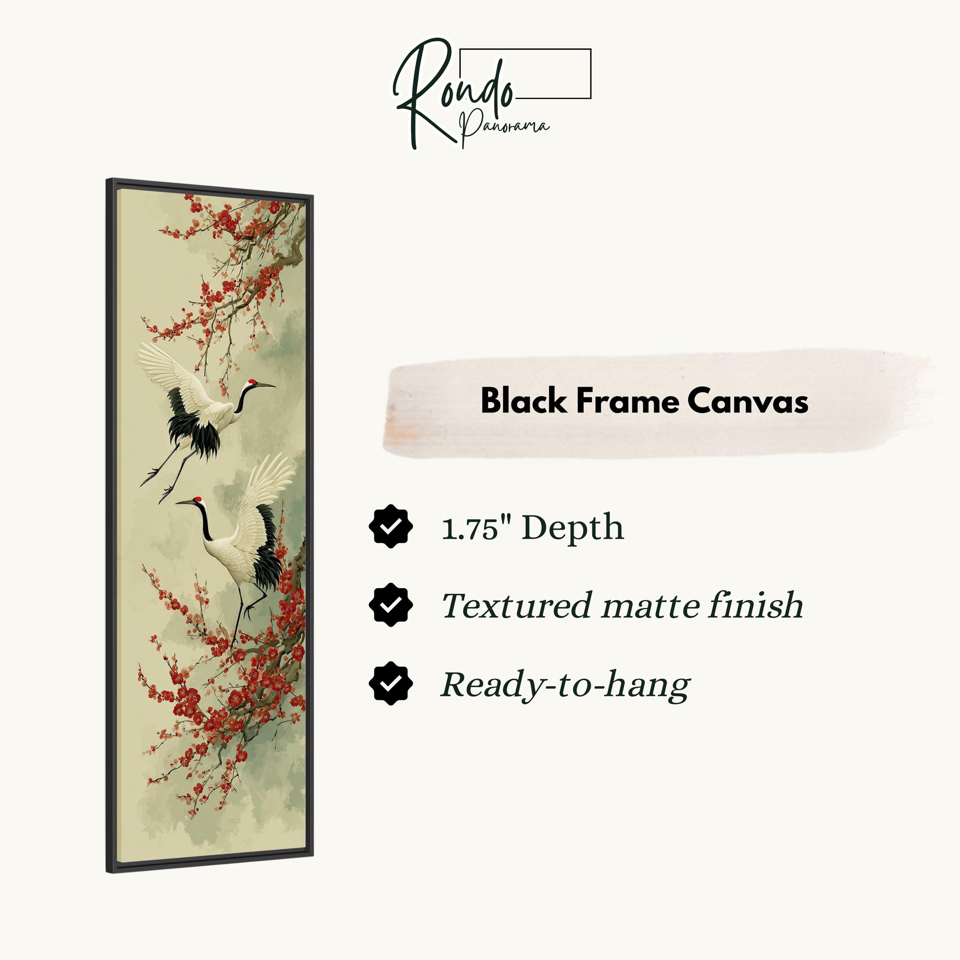 The image is a black frame canvas featuring a painting of two cranes in flight over a branch with red berries.