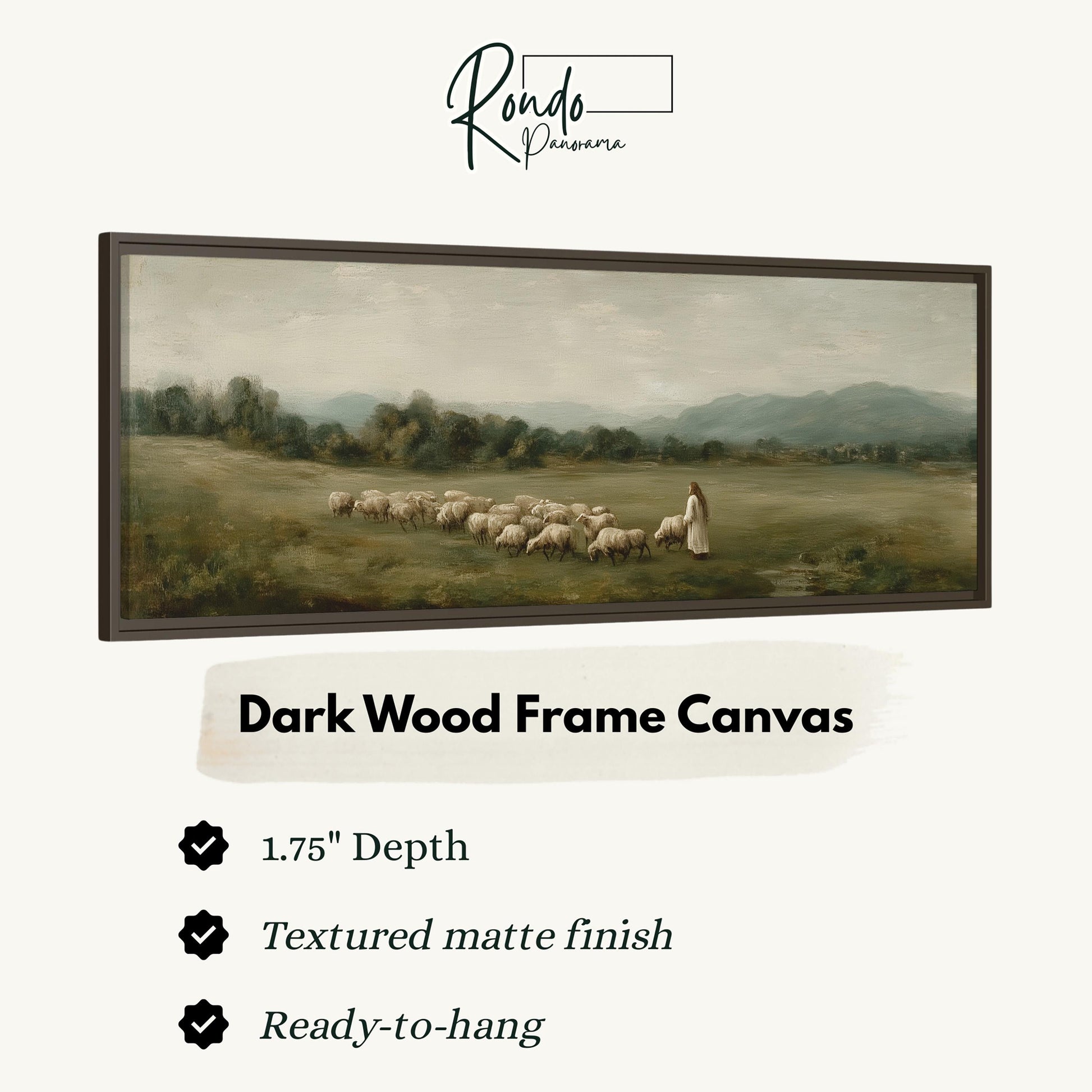 The image is a painting of a pastoral scene with a shepherd tending to his flock of sheep in a grassy field.
