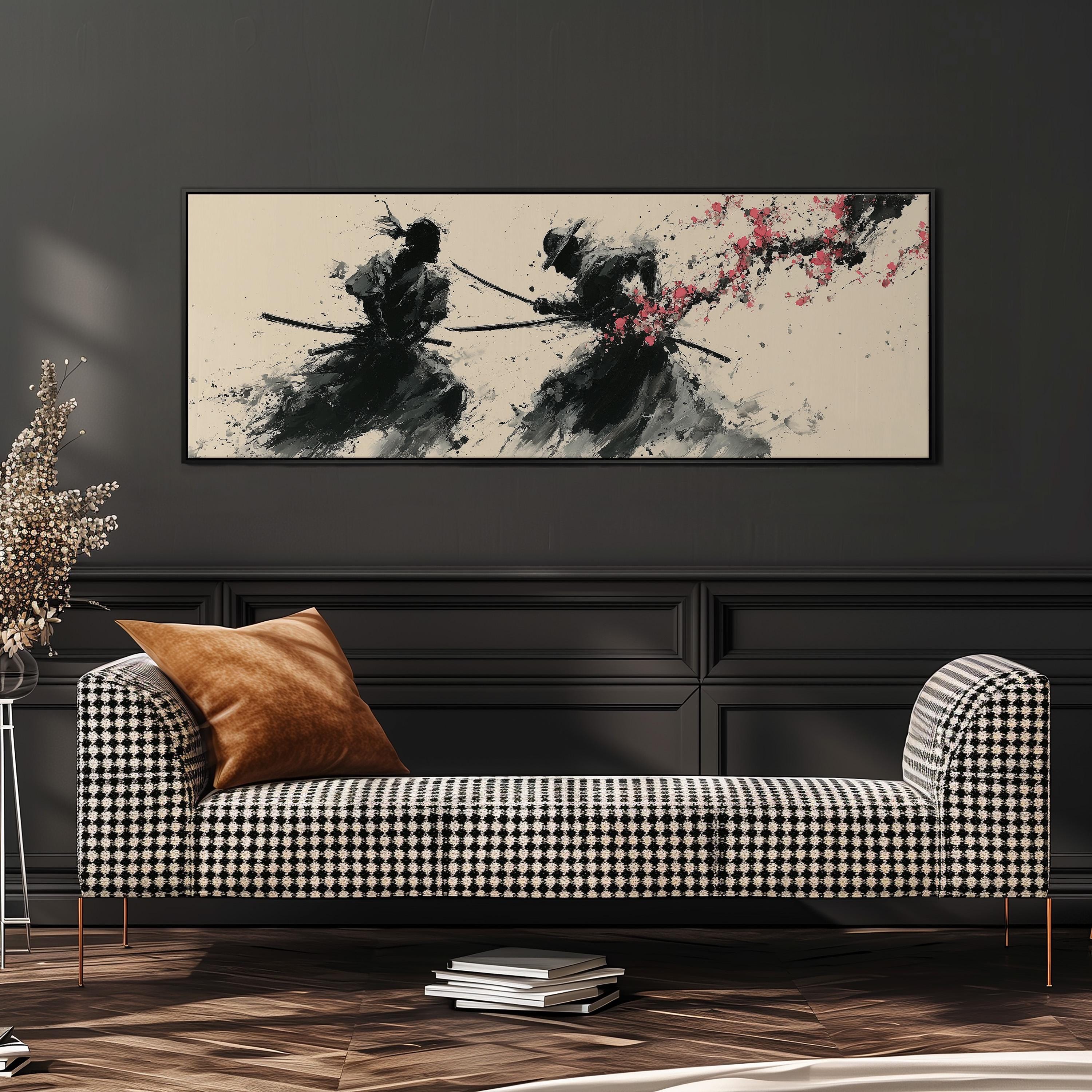 a black and white checkered sofa with a brown throw pillow, set against a dark wall with a large framed artwork depicting two figures wielding swords.