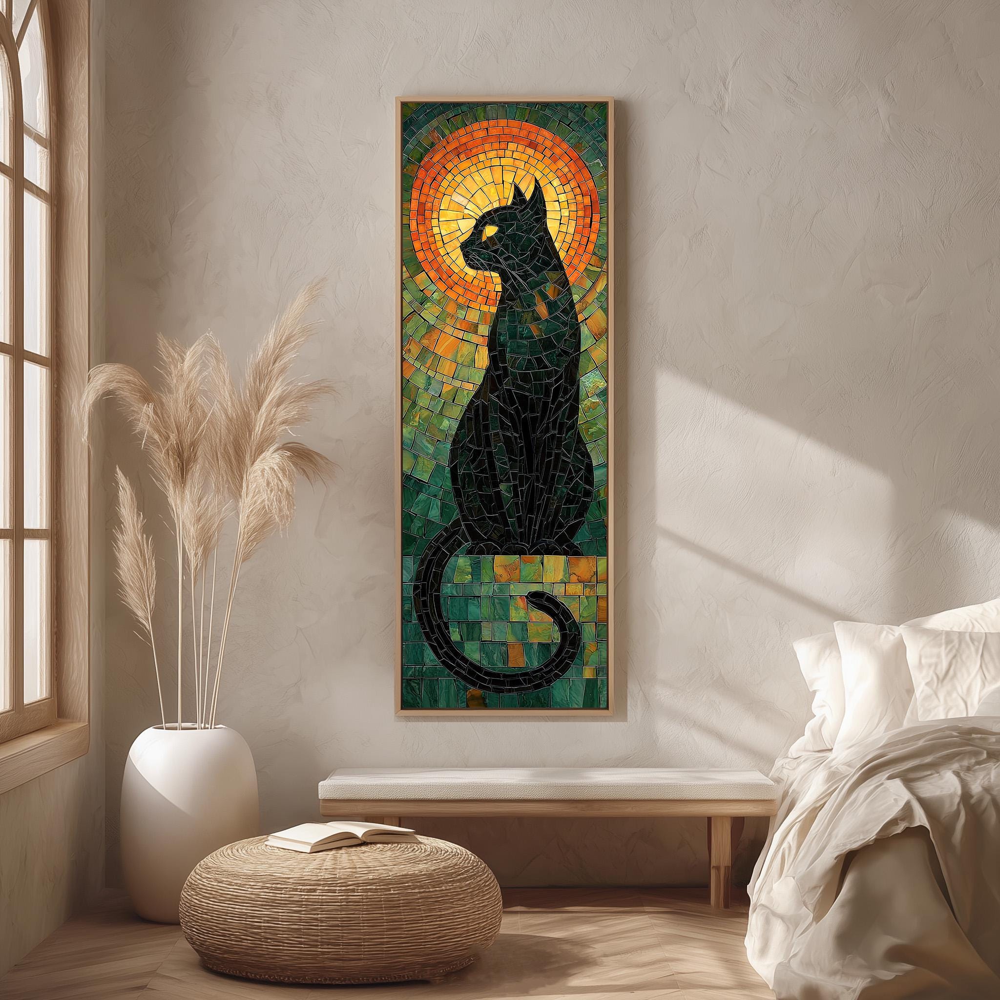 a large, colorful mosaic artwork of a black cat, which is hanging on the wall in a room with a wooden floor and a white bed.