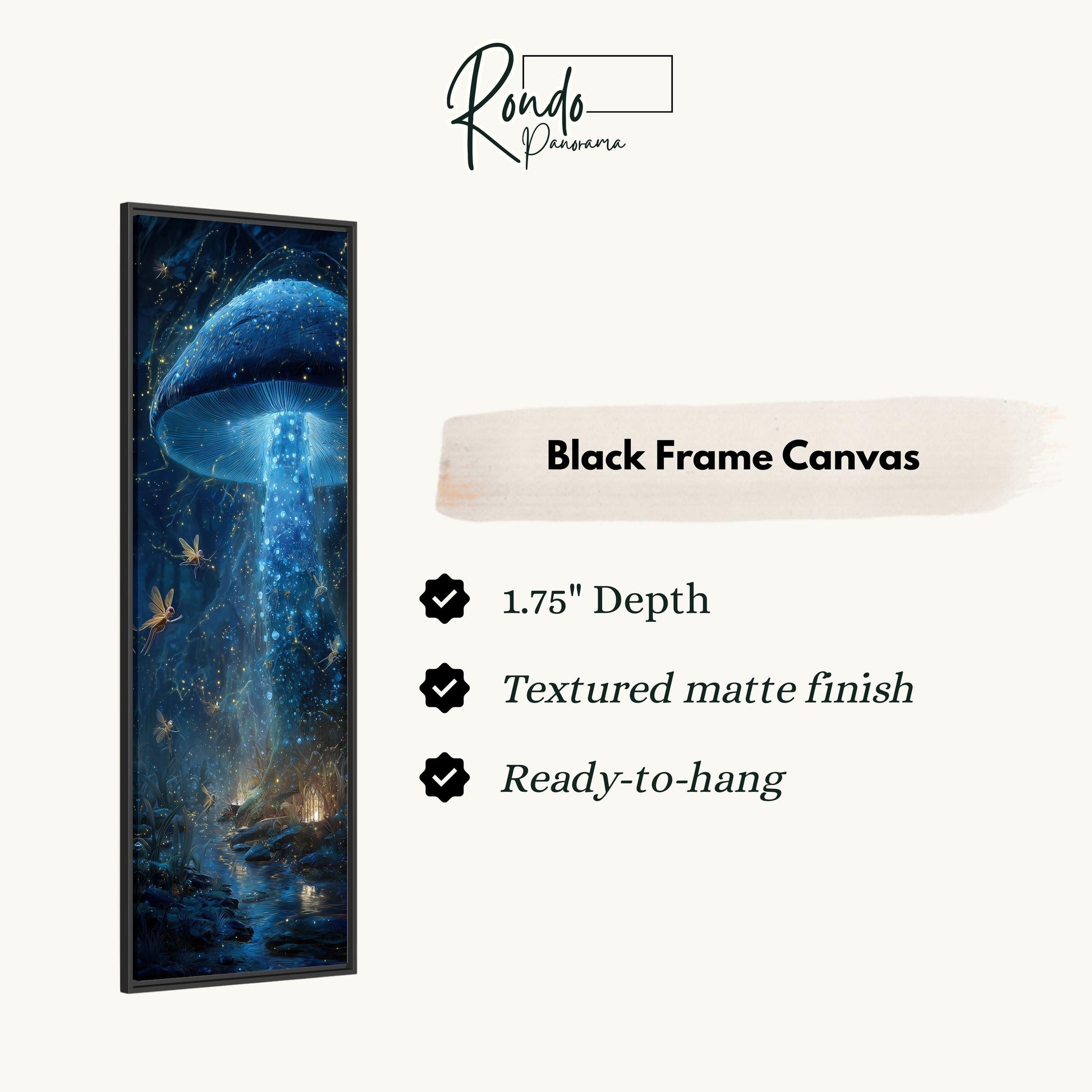 The image is a black frame canvas depicting a mushroom-like creature with a glowing blue and purple aura, surrounded by a night sky with stars and a waterfall.