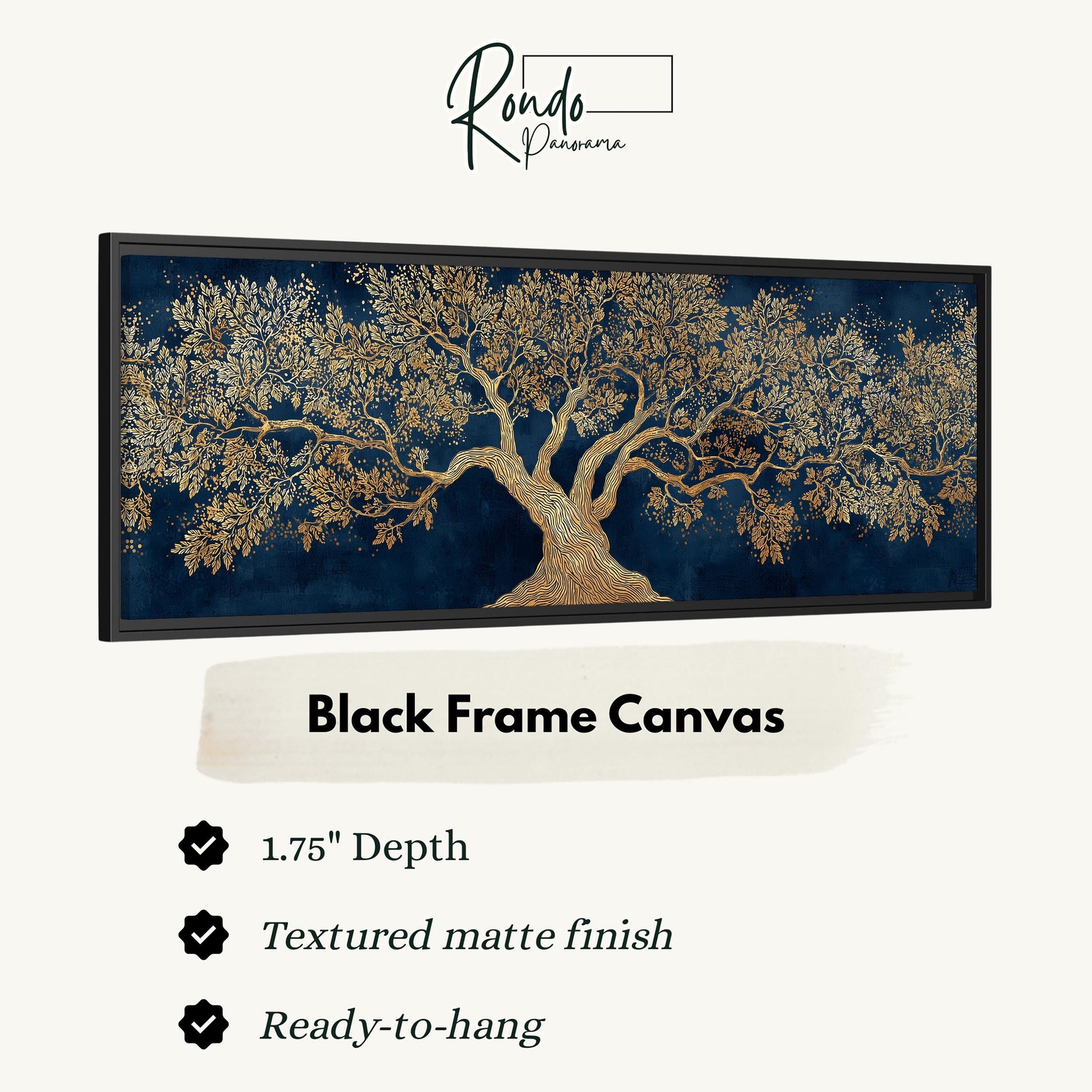 The image is a black frame canvas depicting a large tree with gold leaves.