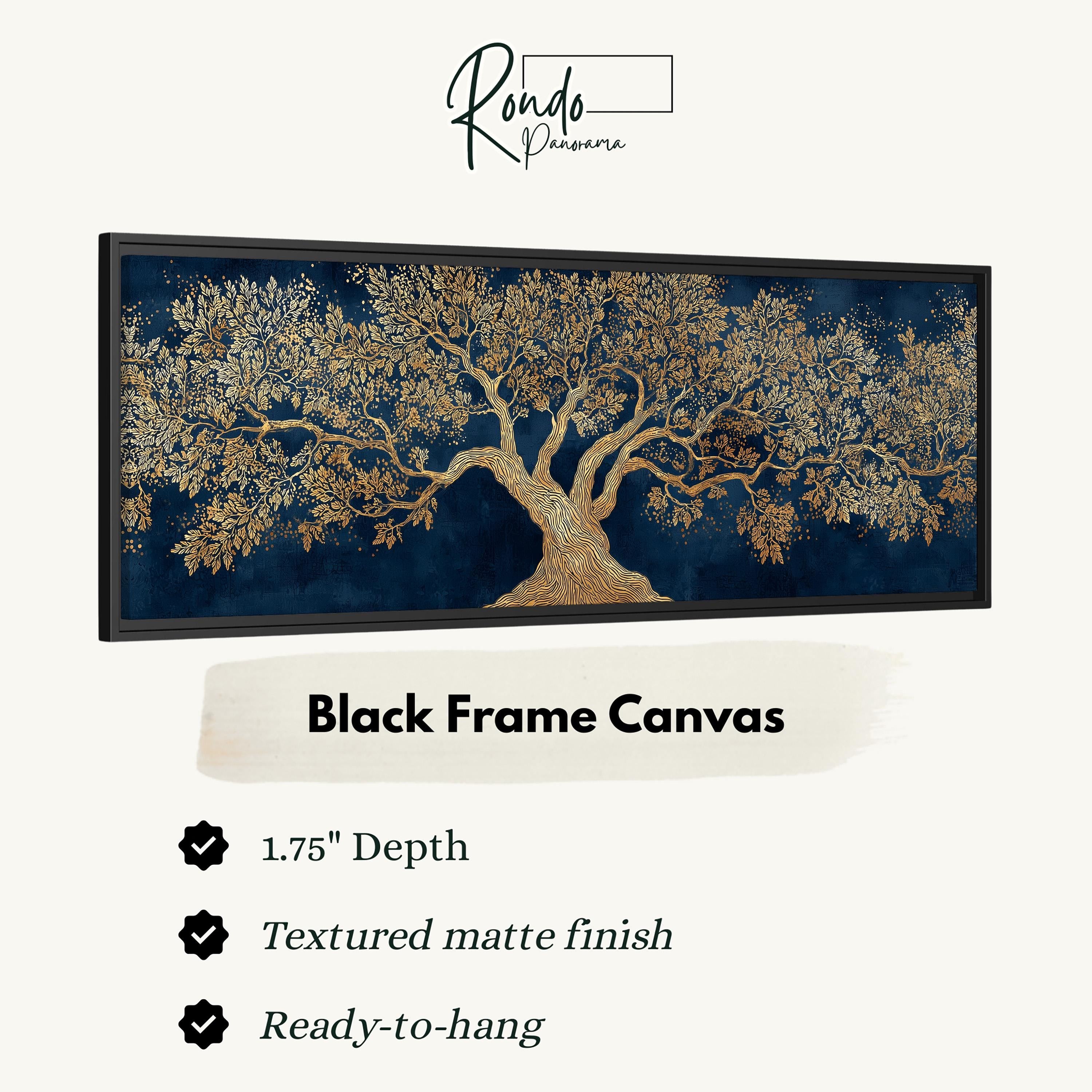 The image is a black frame canvas depicting a large tree with gold leaves.