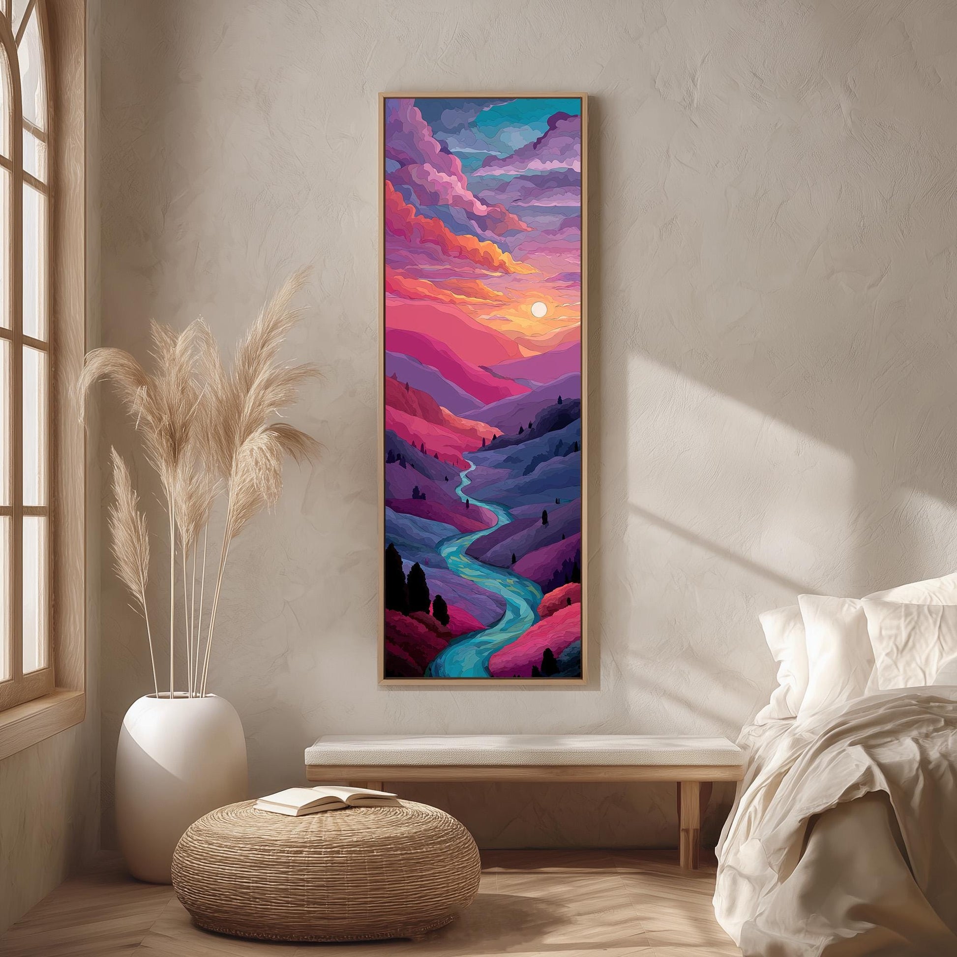 a large, colorful painting of a mountain landscape hanging on a wall in a room with a window, a bench, and a potted plant.