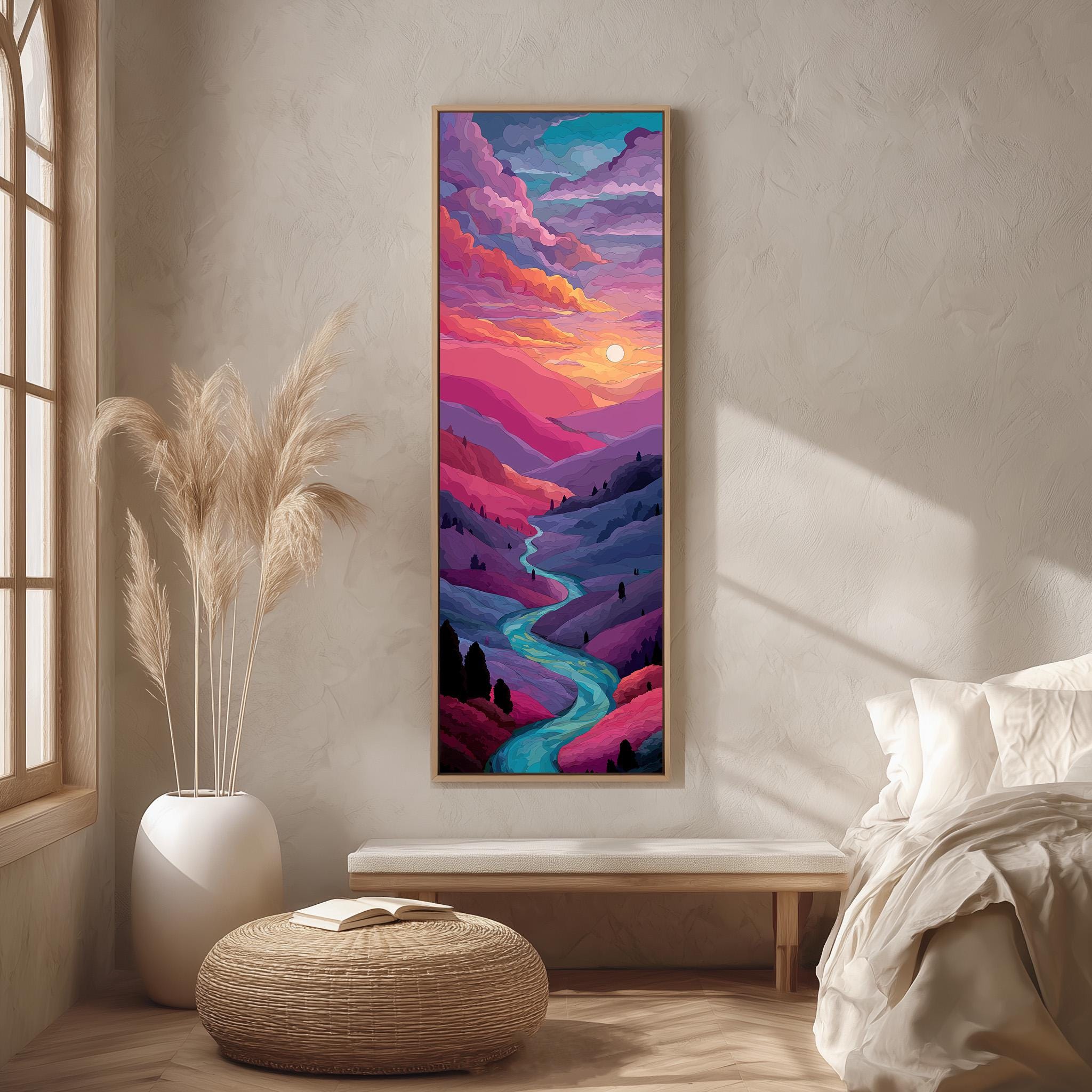 a large, colorful painting of a mountain landscape hanging on a wall in a room with a window, a bench, and a potted plant.