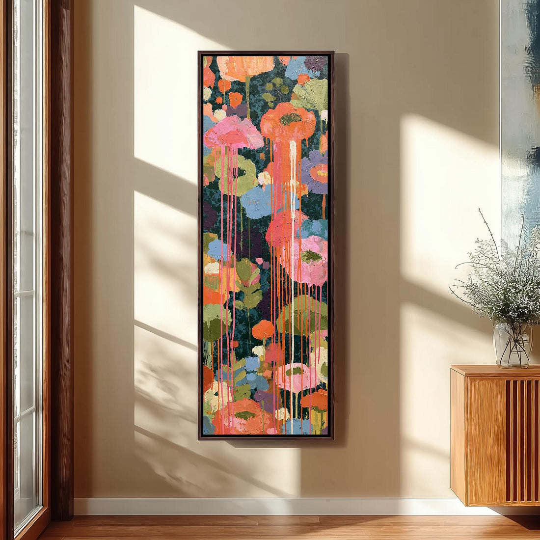 Poppy blooms with drips long vertical canvas print in a sunlit living space