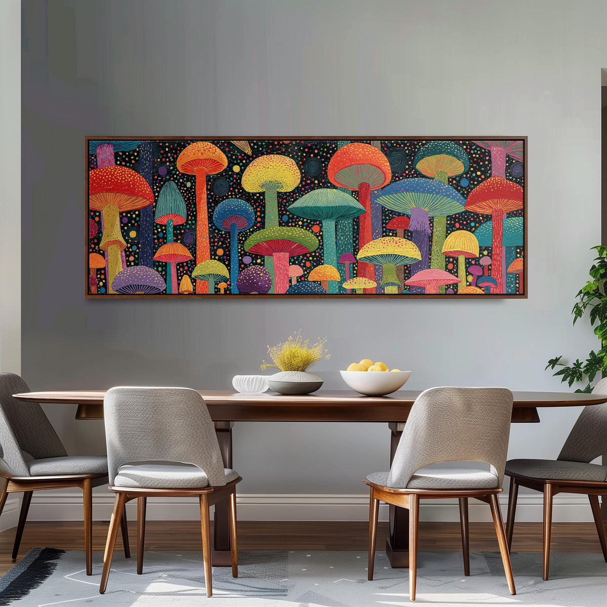 Colorful dotted mushrooms at midnight long horizontal canvas print above a dining table