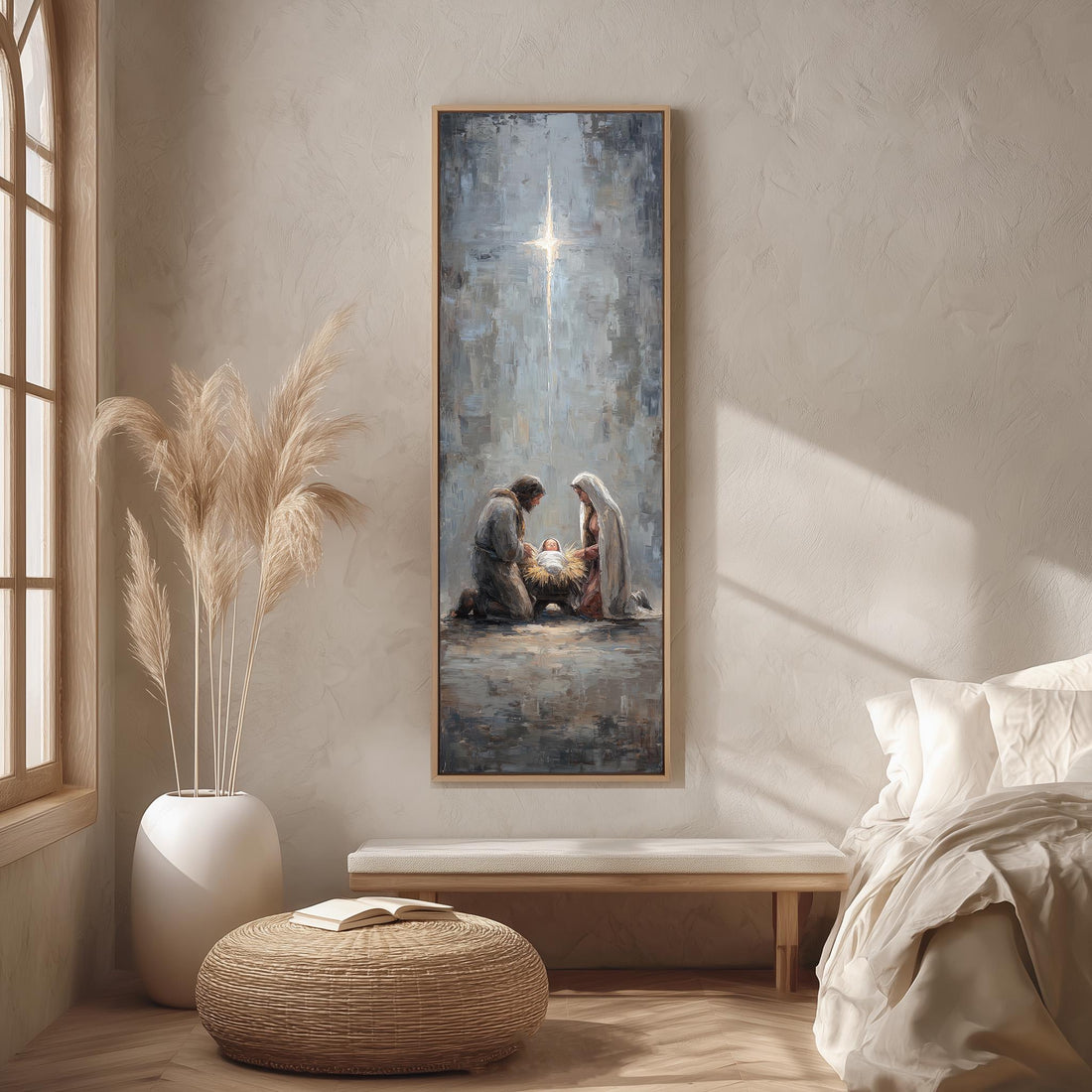 a serene indoor setting with a large painting of a nativity scene hanging on the wall, featuring a man, a woman, and a baby in a manger. The painting is surrounded by a potted plant, a bench, and a woven ottoman, creating a cozy and peaceful atmosphere.