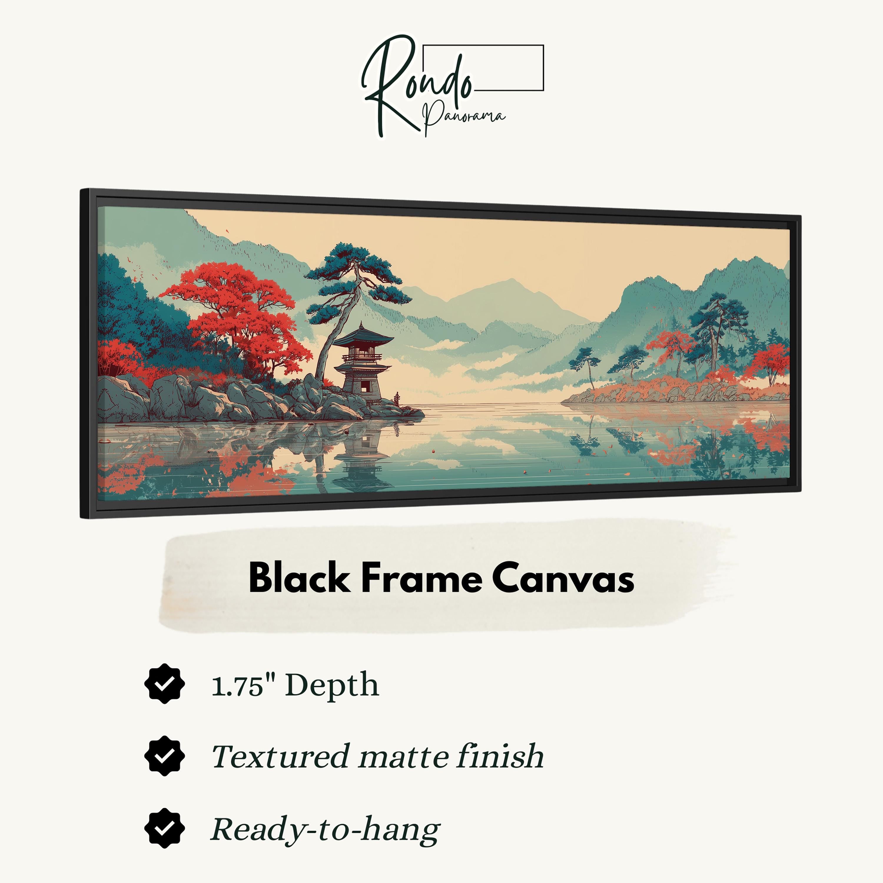 The image is a black frame canvas depicting a serene landscape with a tree, mountains, and a lake.