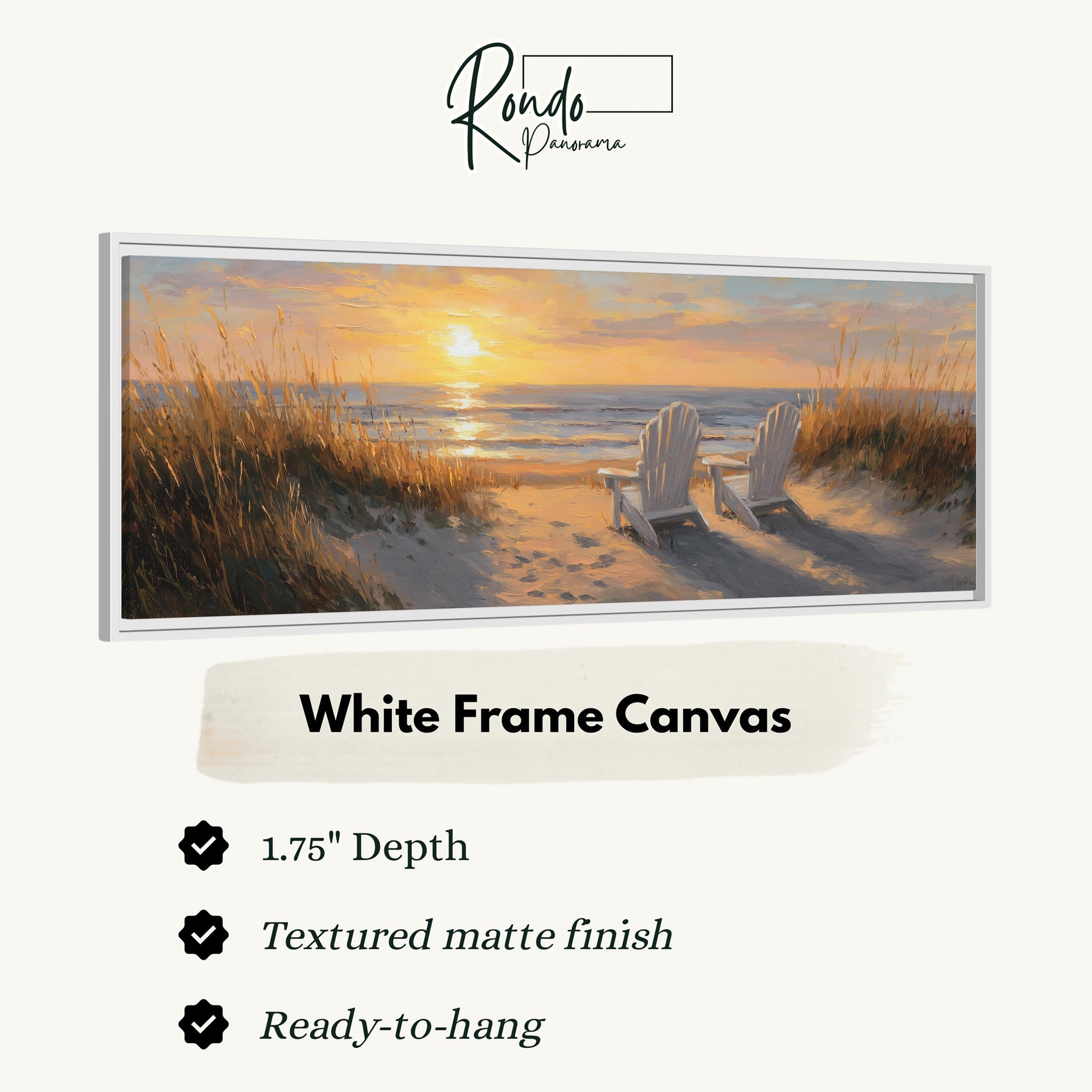 The image is a white frame canvas depicting a serene beach scene with two white chairs facing the ocean at sunset.