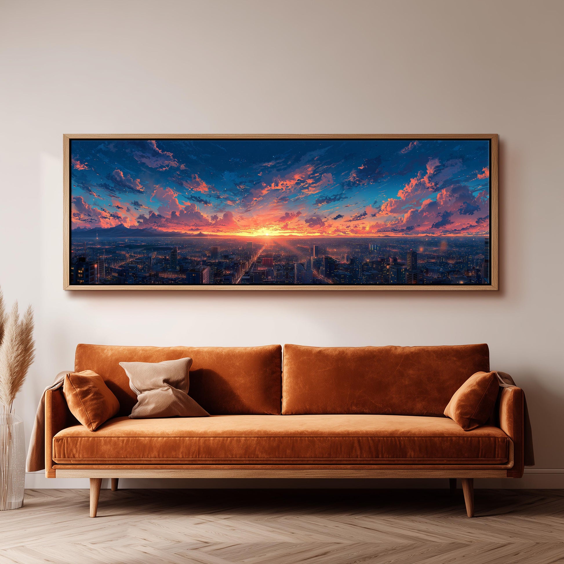 a large, framed painting of a cityscape with a colorful sunset over the city skyline.