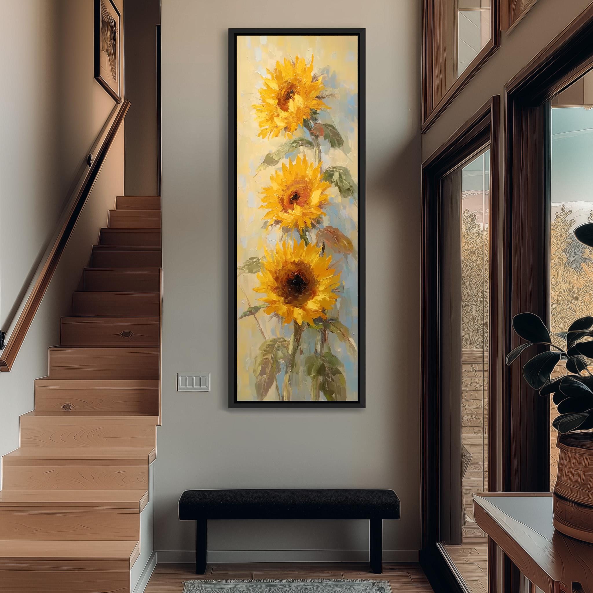 a large painting of three sunflowers hanging on the wall of a hallway.