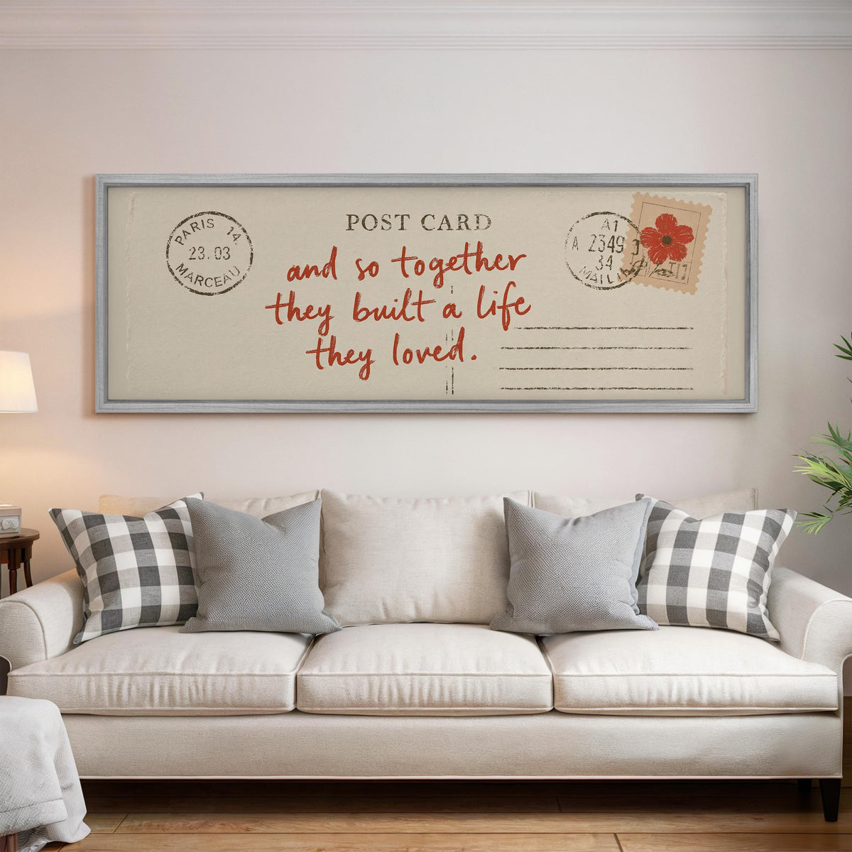 Paris postcard saying and so together they built a life they loved wide panoramic canvas print above a bed in a bedroom