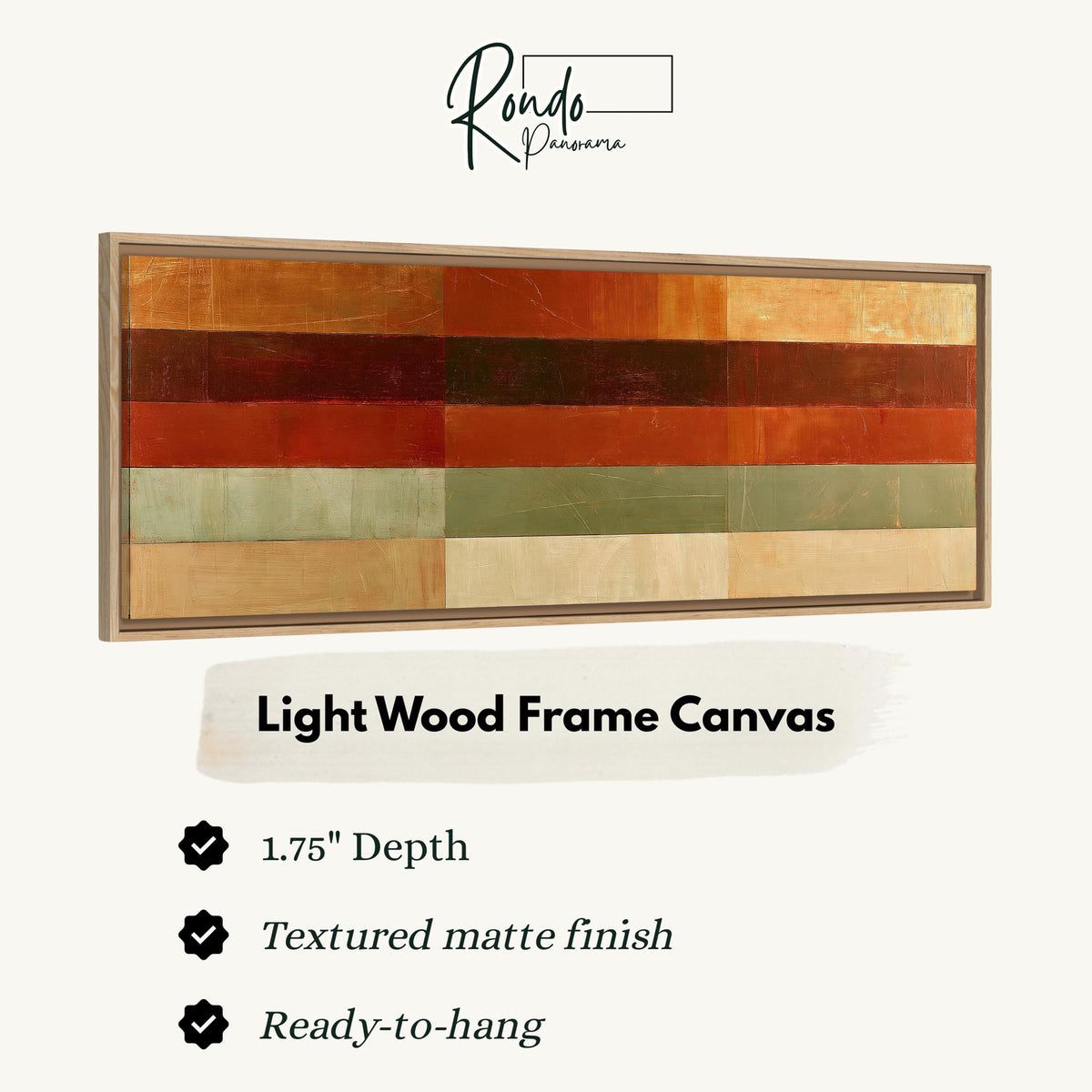 Amber, rust and sage horizontal color bands canvas print in a light wood floating frame