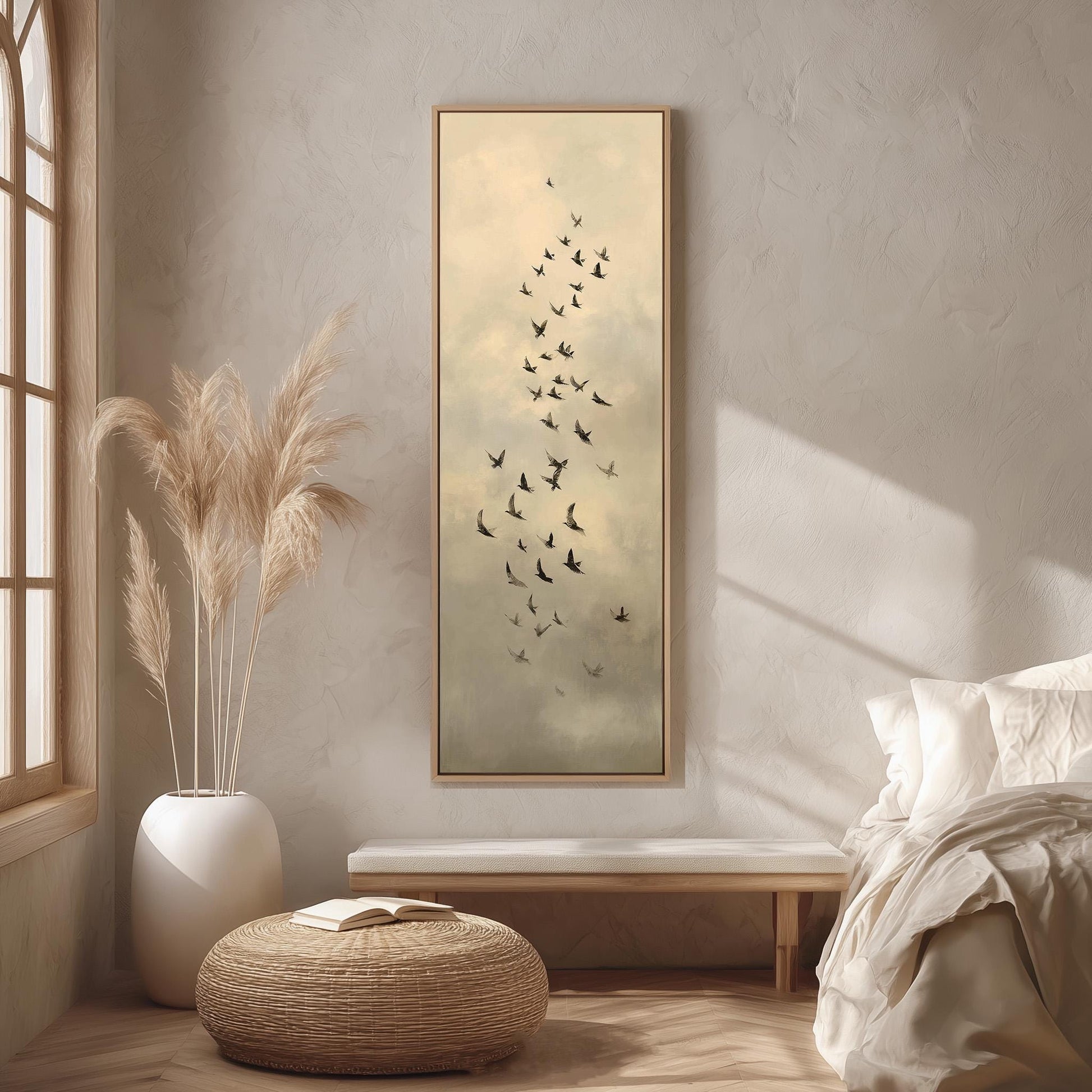 a serene bedroom scene with a large framed artwork of birds in flight hanging on the wall, a white bed with a white pillow, a white vase with tall potted plants, and a woven ottoman with a book on it.