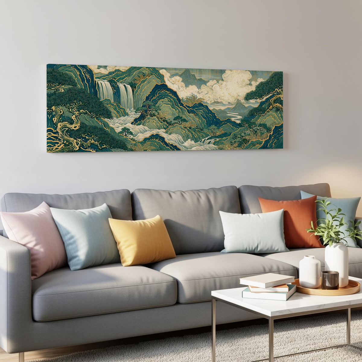 Emerald waterfall mountains with gold lines panoramic canvas print above a grey sofa in a living room