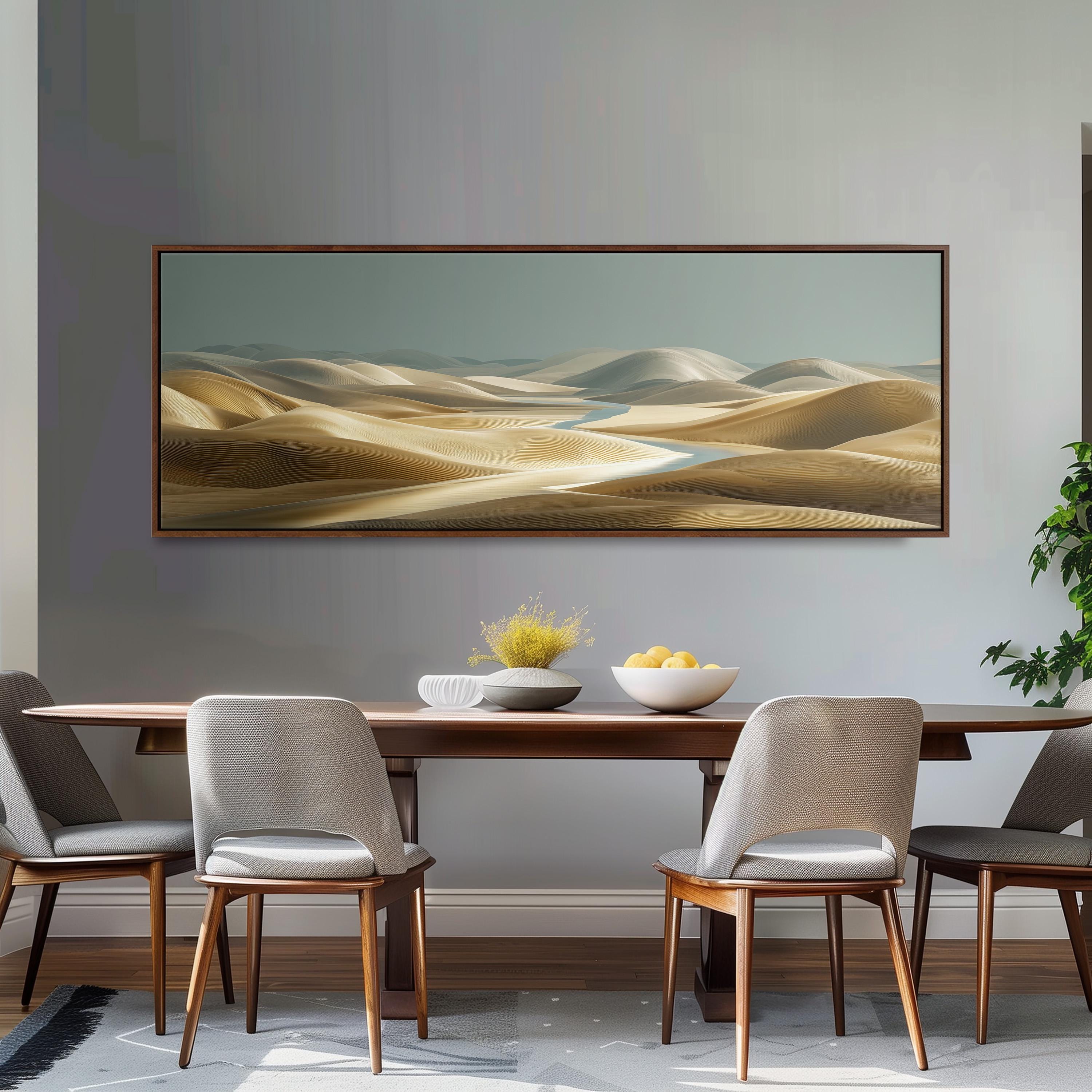 a dining room with a large painting of a desert landscape hanging on the wall above a wooden dining table with four chairs. The table is set with a bowl of fruit and a vase of flowers, creating a cozy and inviting atmosphere.