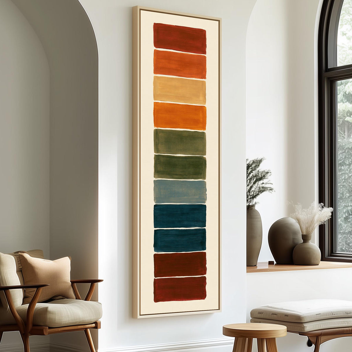 Stack of rust, teal and maroon swatches long vertical canvas print in a sunlit living space