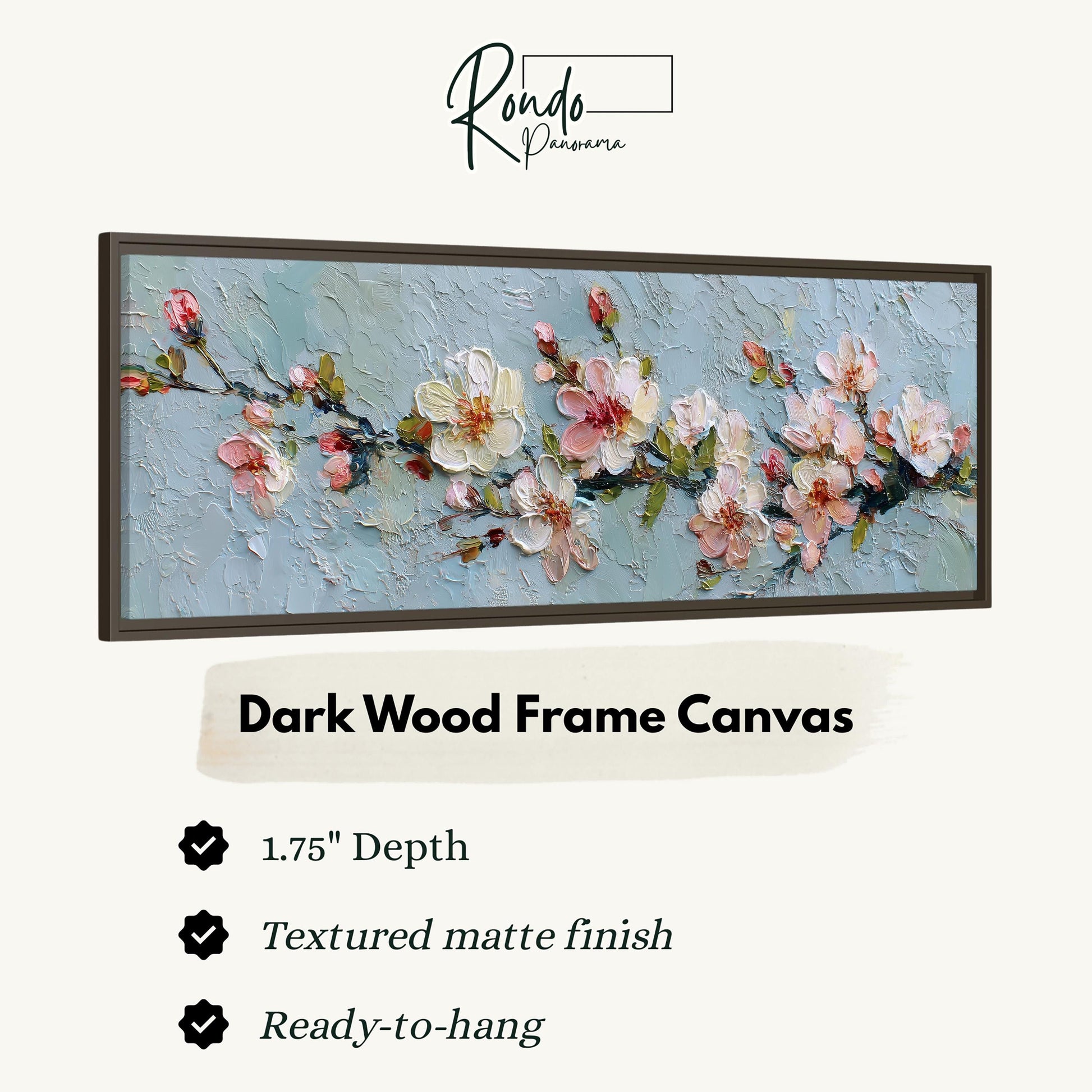 The image is a framed artwork depicting a painting of pink flowers on a branch.