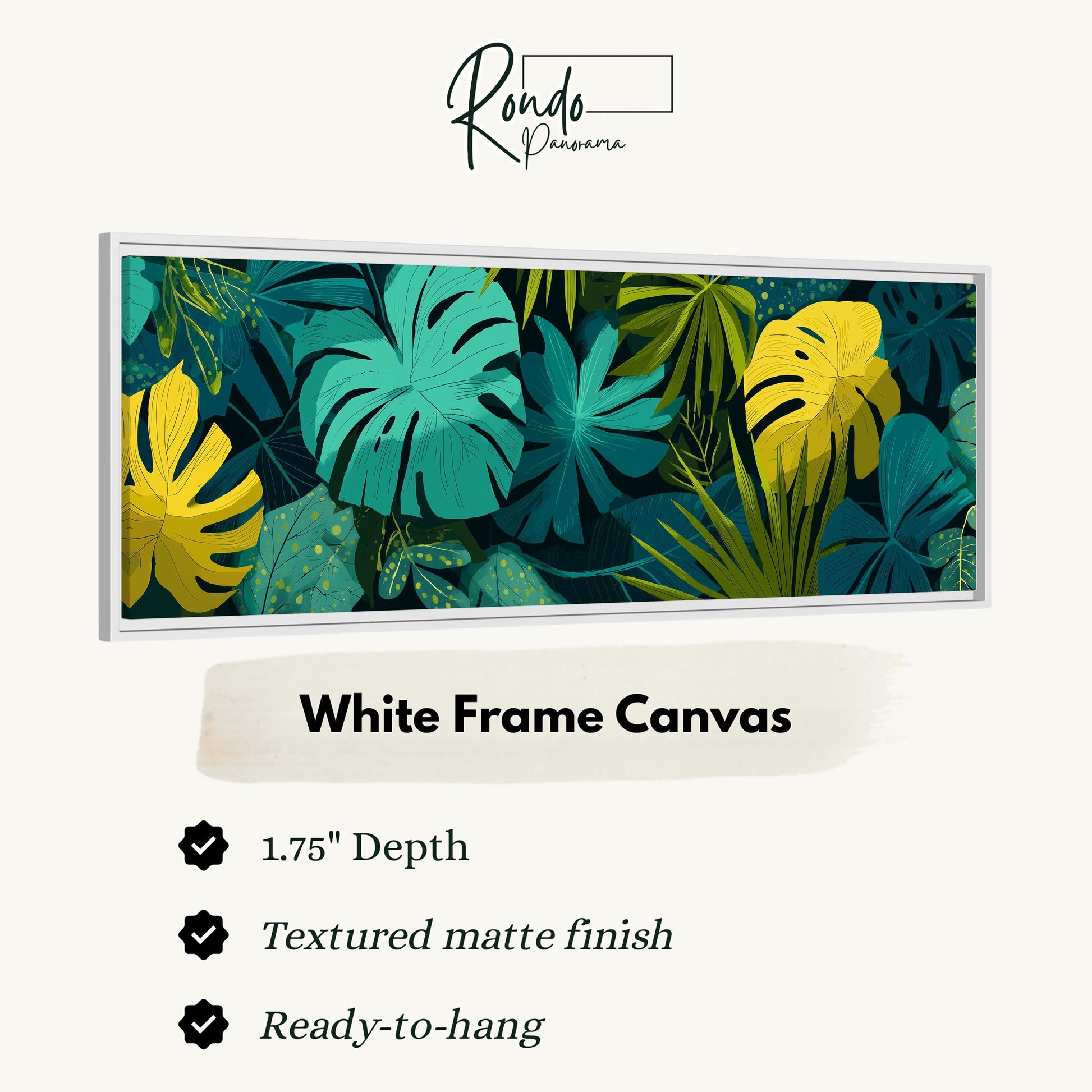 The image is a white frame canvas featuring a tropical plant design with various shades of green and yellow leaves and flowers.