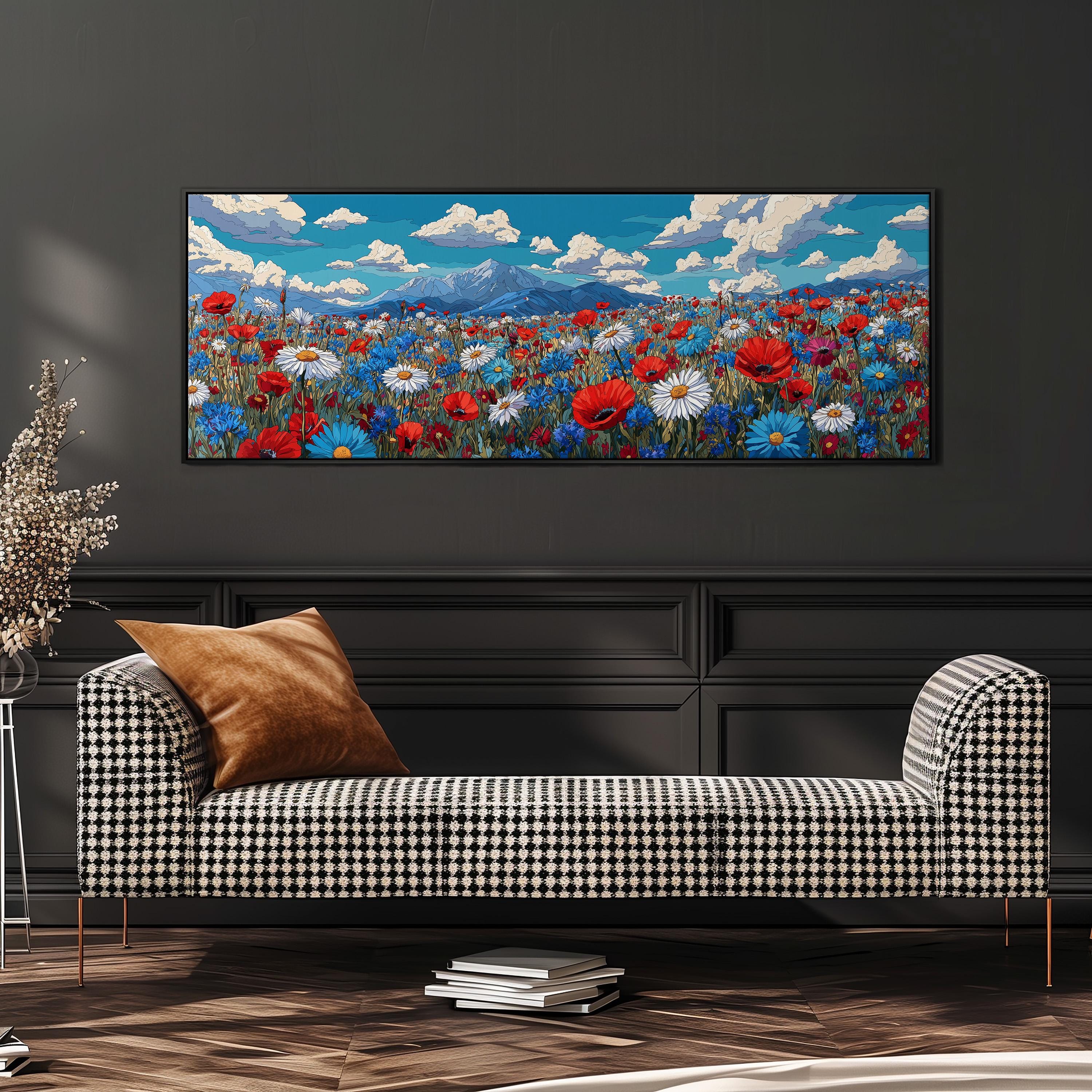 a large, colorful painting of a flower field hanging on a wall above a black and white checkered sofa.