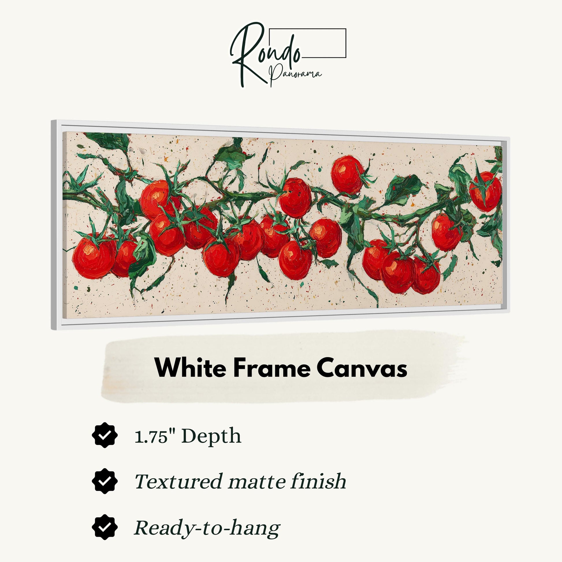 The image is a white frame canvas featuring a close-up of red tomatoes on a branch.