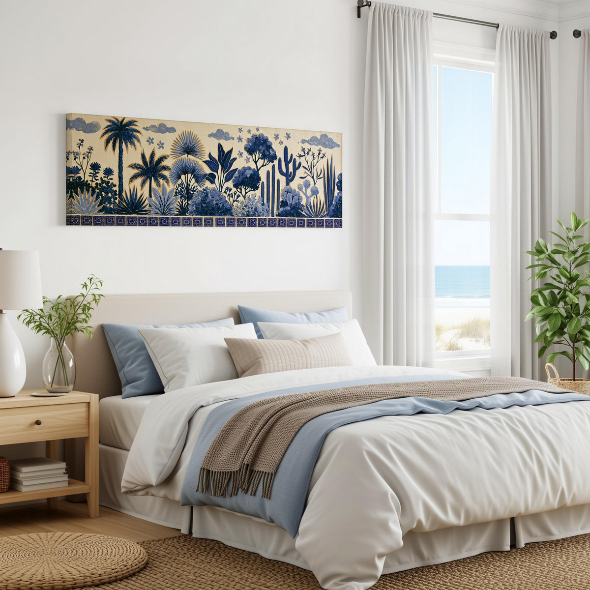 Blue palms, cacti and flowers pattern panoramic canvas print above a bed in a coastal bedroom