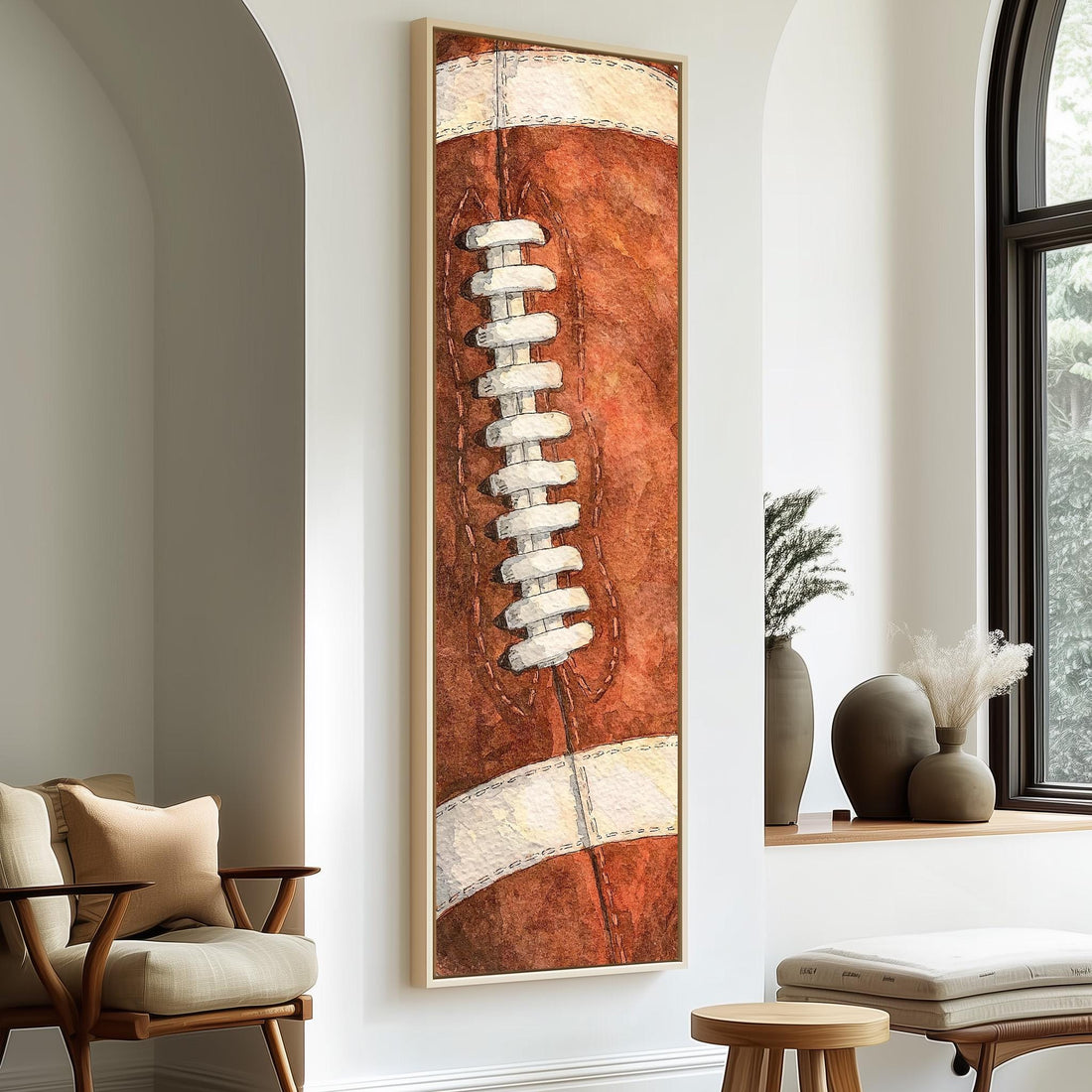 Close up of football laces long vertical canvas print in a sunlit living space