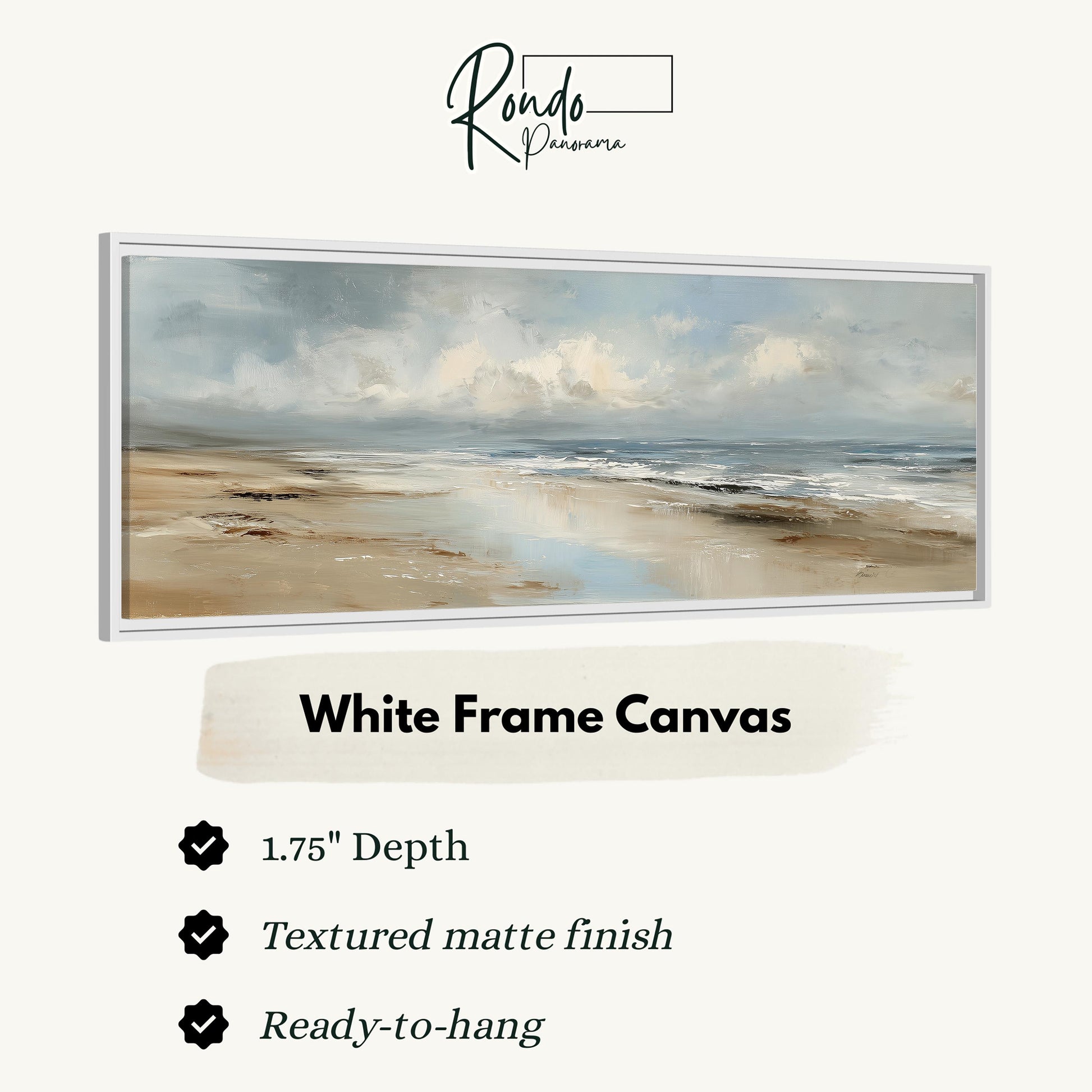 The image is a white frame canvas depicting a serene landscape with a beach and ocean.