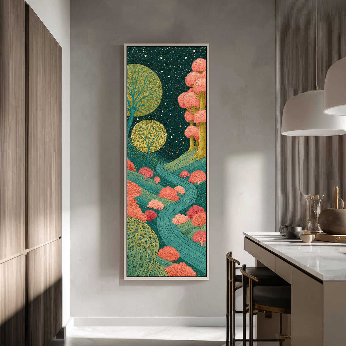 Moonlit path through blossom trees tall skinny canvas print in a modern kitchen
