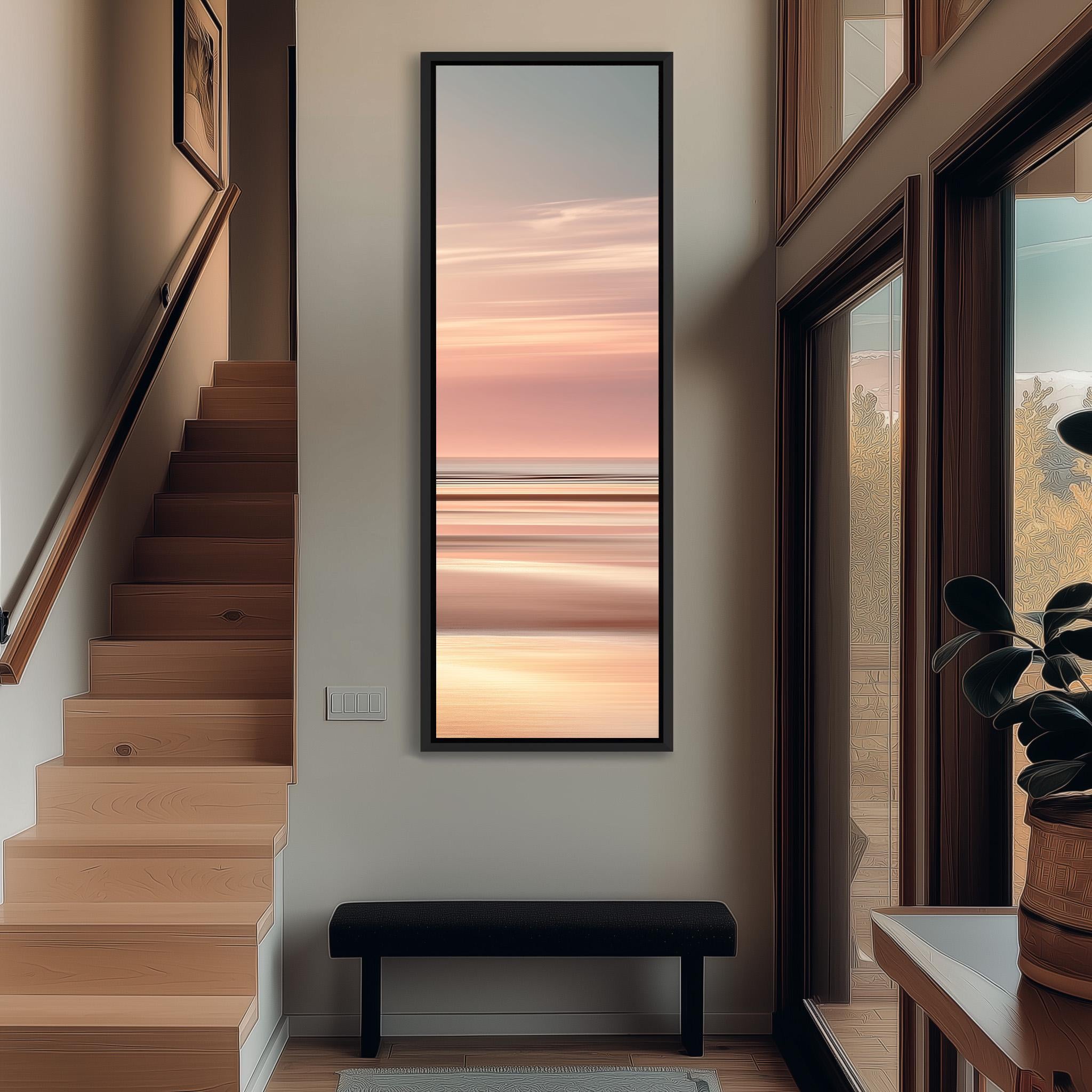 a modern interior design with a large window overlooking a scenic view, a wooden staircase, and a black bench.