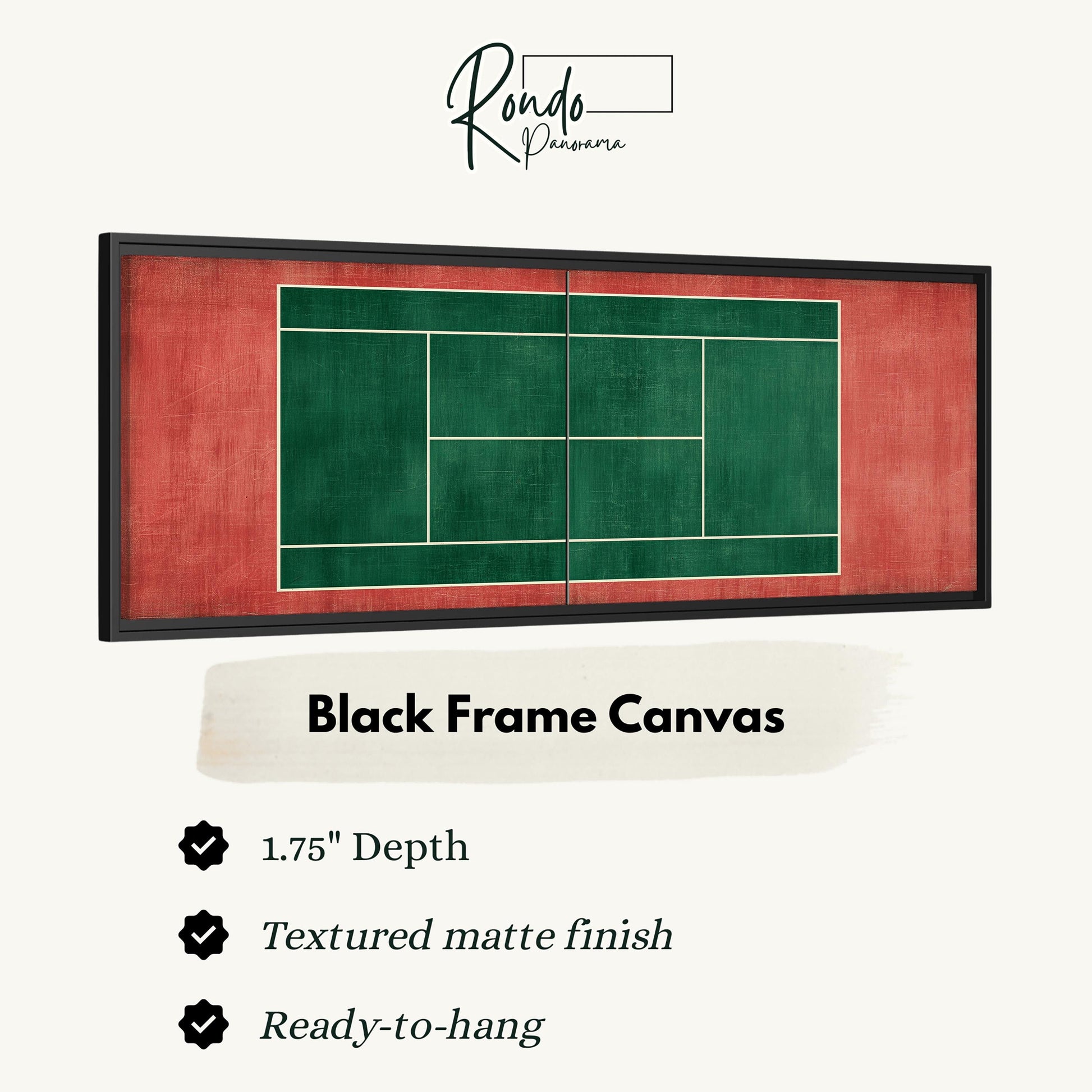 A framed canvas depicting a tennis court with a red and green color scheme.