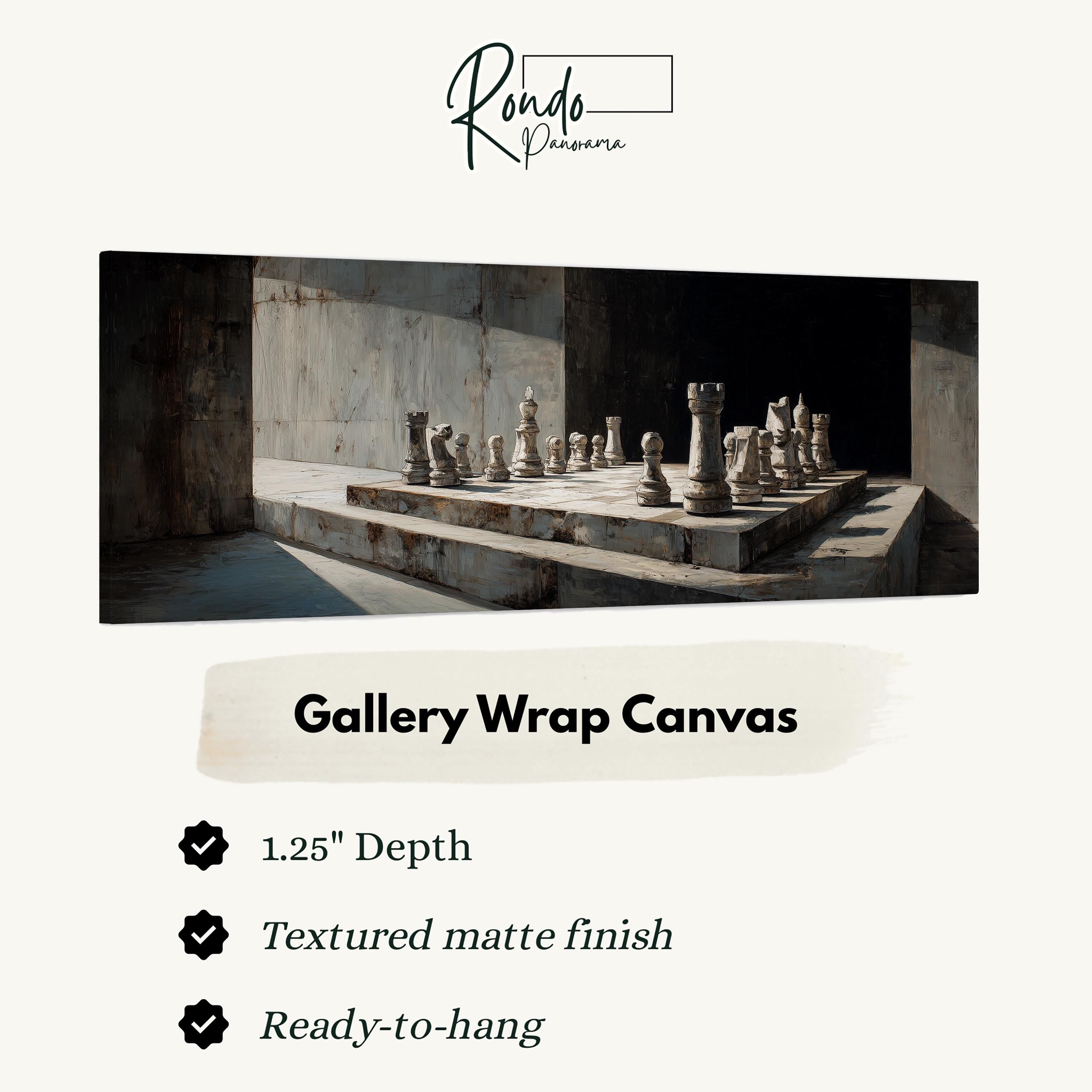 The image is a gallery wrap canvas featuring a chessboard with white pieces on a concrete platform.