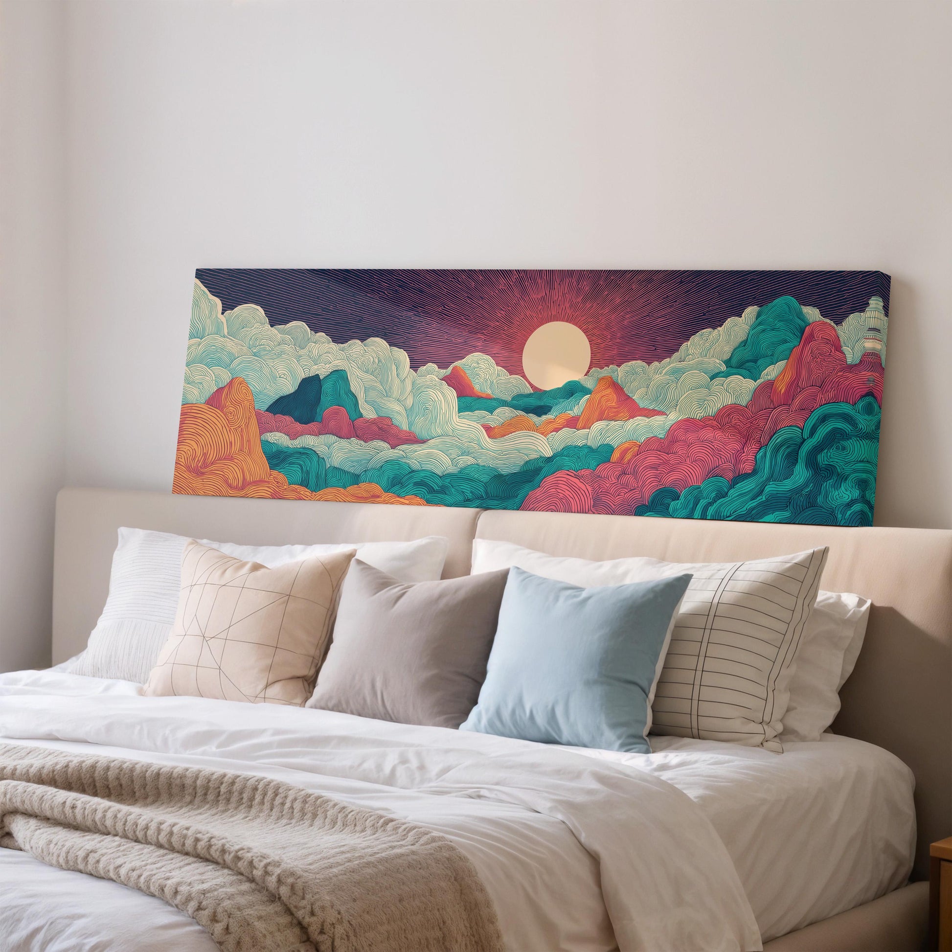 a large, colorful painting of a mountainous landscape hanging on a wall above a bed with white bedding and pillows.
