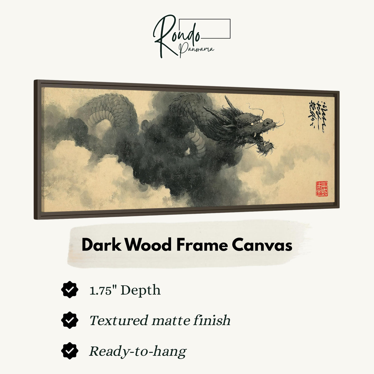 Storm dragon emerging from ink clouds canvas print in a dark wood floating frame