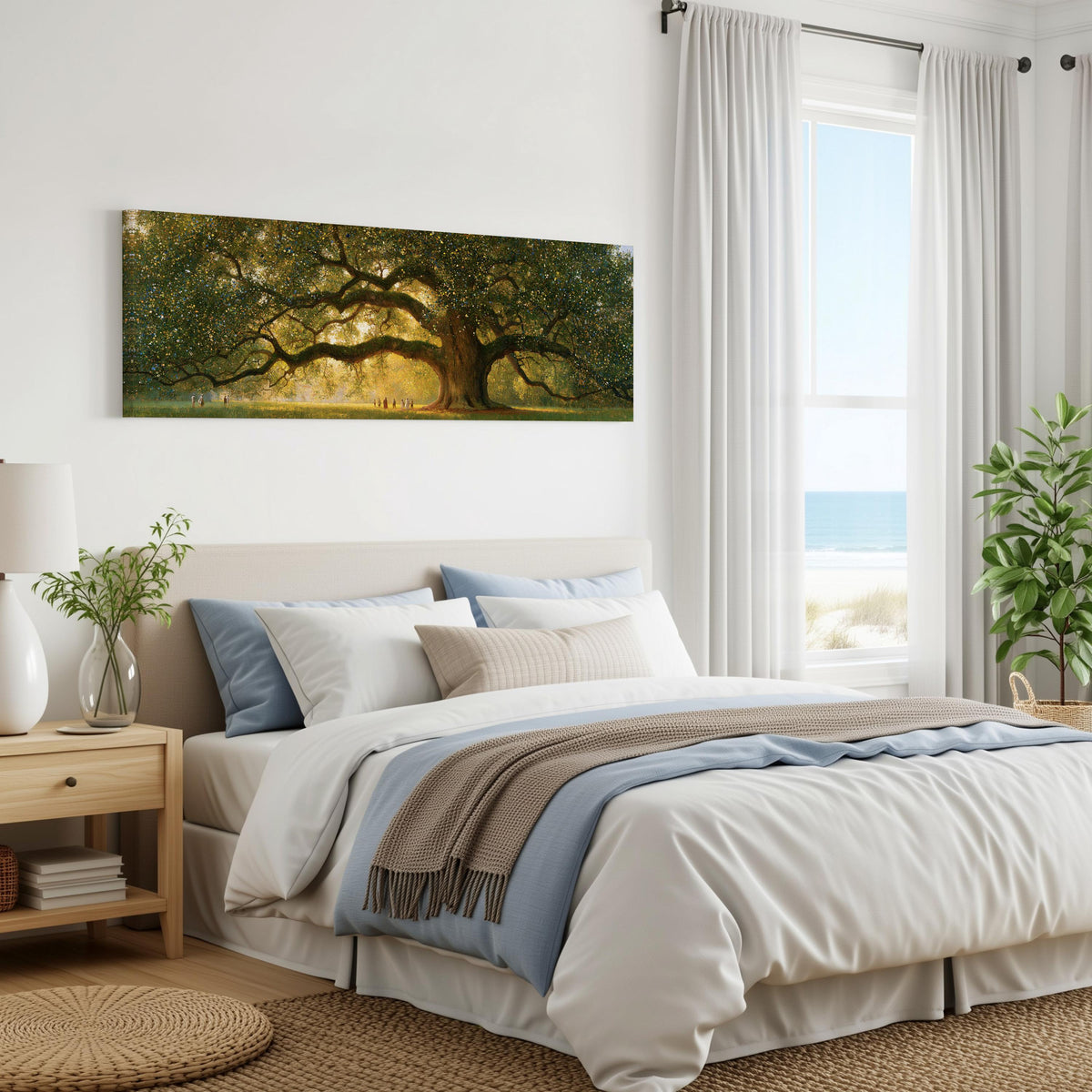 Golden oak tree in a park panoramic canvas print above a bed in a coastal bedroom