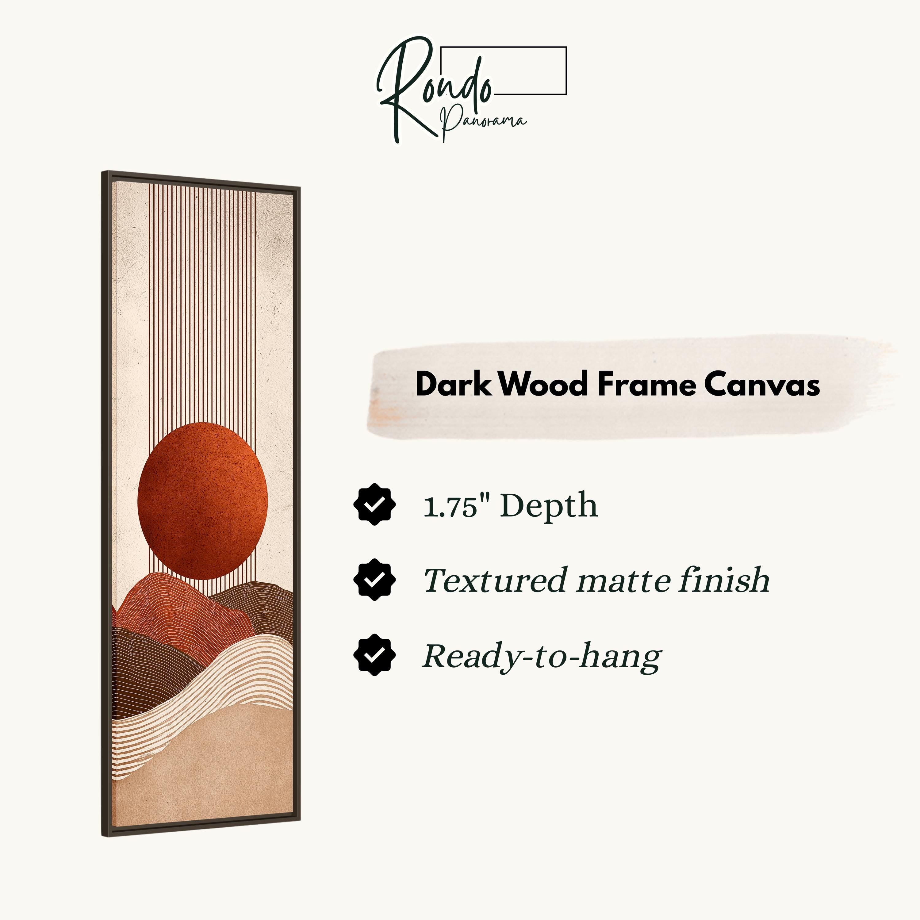 The image is a product description for a dark wood frame canvas. It features a minimalist design with a large orange circle and a gradient background. The canvas has a 1.75" depth, a textured matte finish, and is ready to hang.