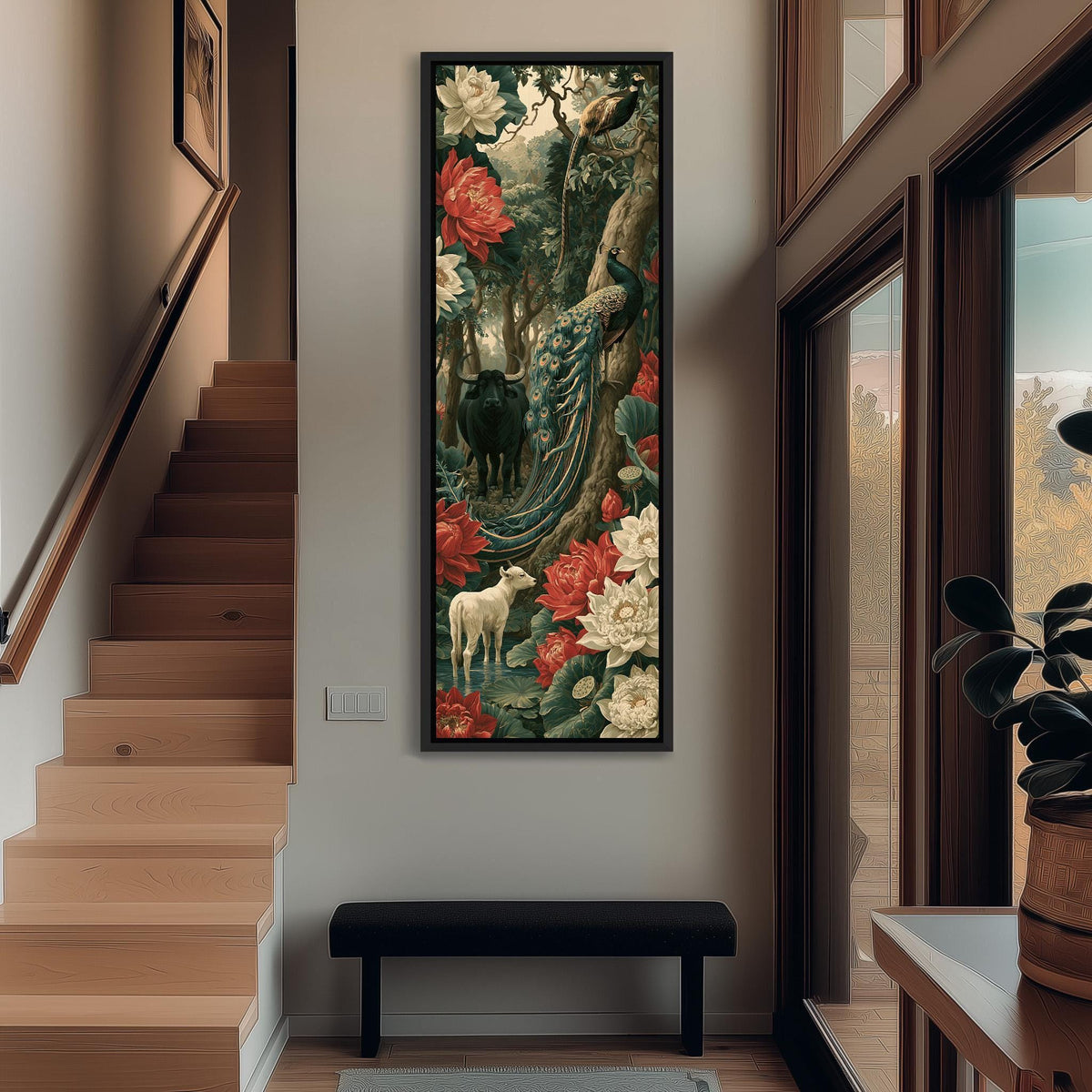 Peacock and animals in a lush jungle of lilies tall narrow canvas print beside a staircase in an entryway