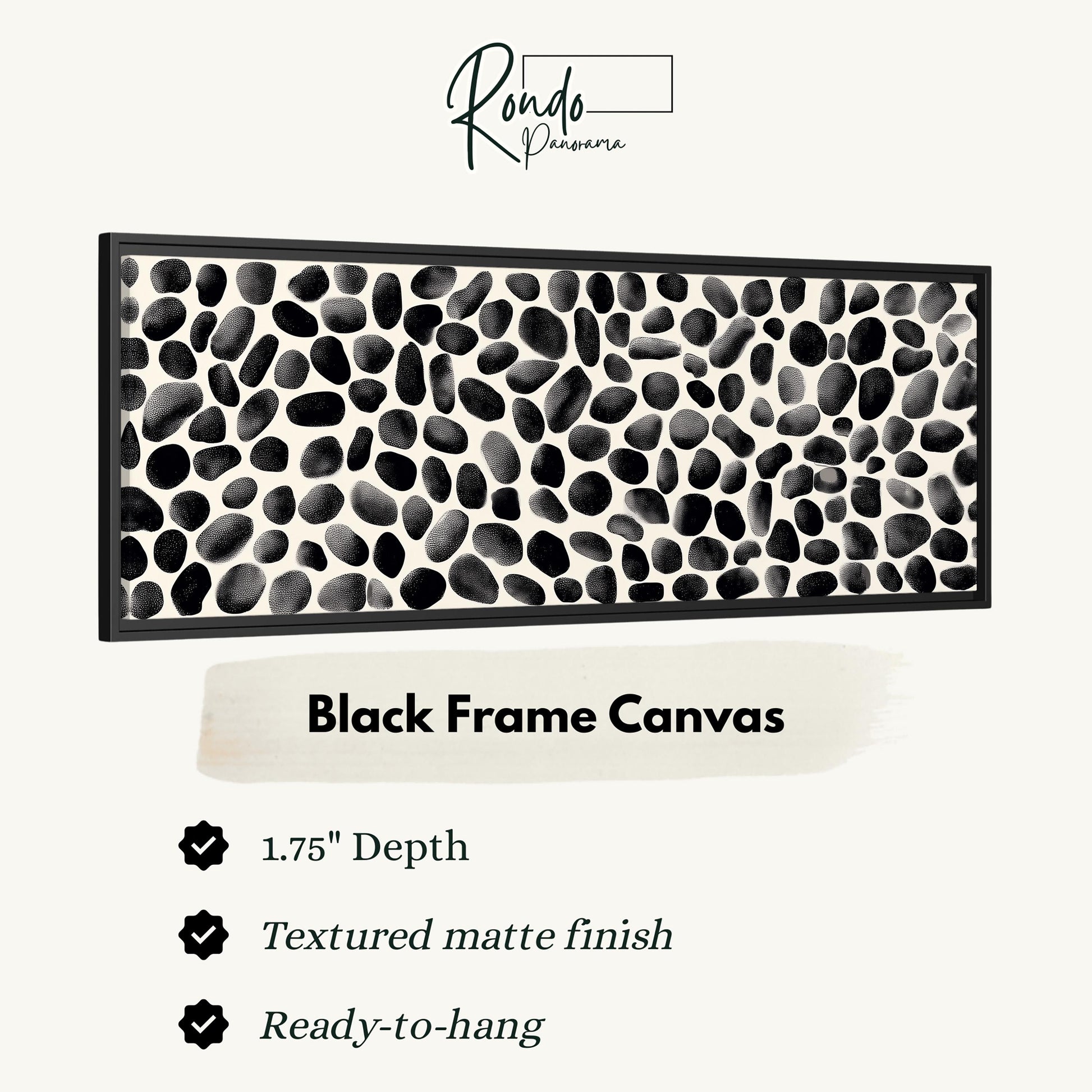 The image is a black frame canvas with a textured matte finish, measuring 1.75" in depth. It is ready to hang and has a textured matte finish.