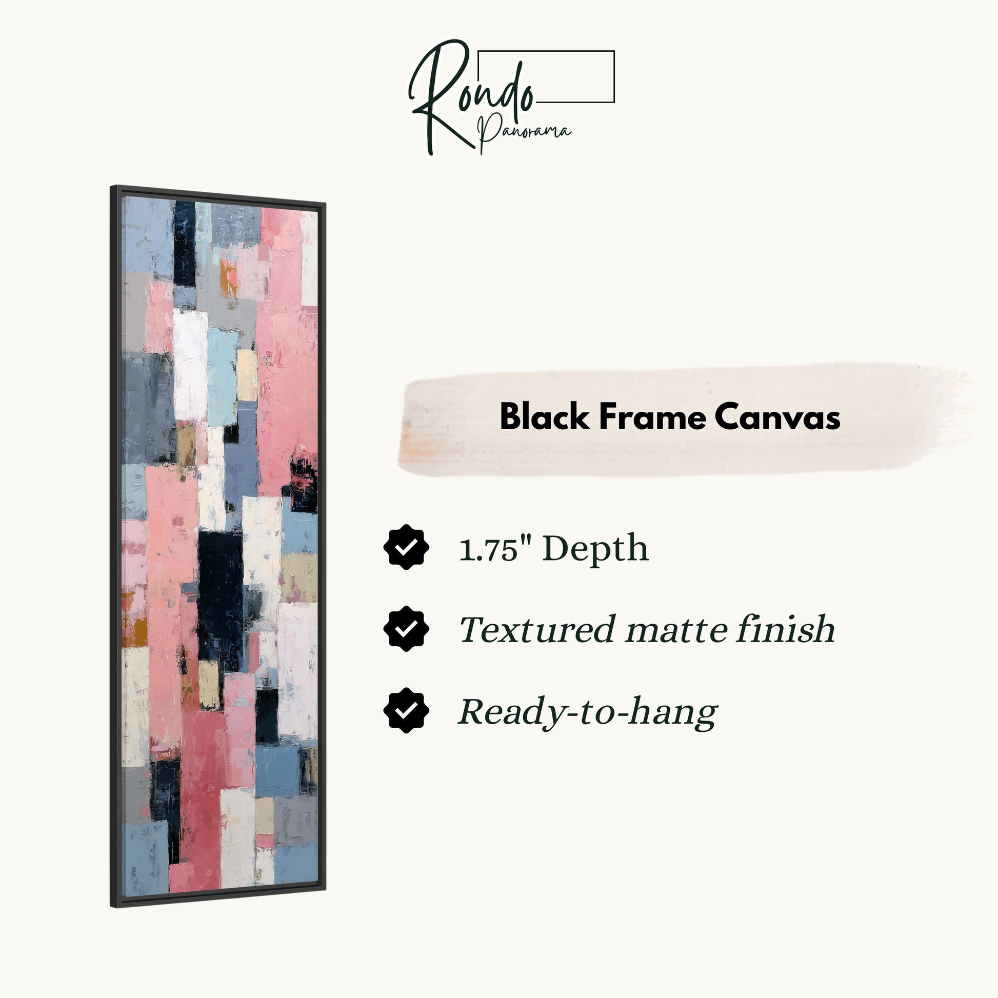 The image is a product advertisement for a black frame canvas. It features a large abstract painting with a variety of colors and textures, and provides details about the product, including its dimensions, finish, and hanging capabilities.