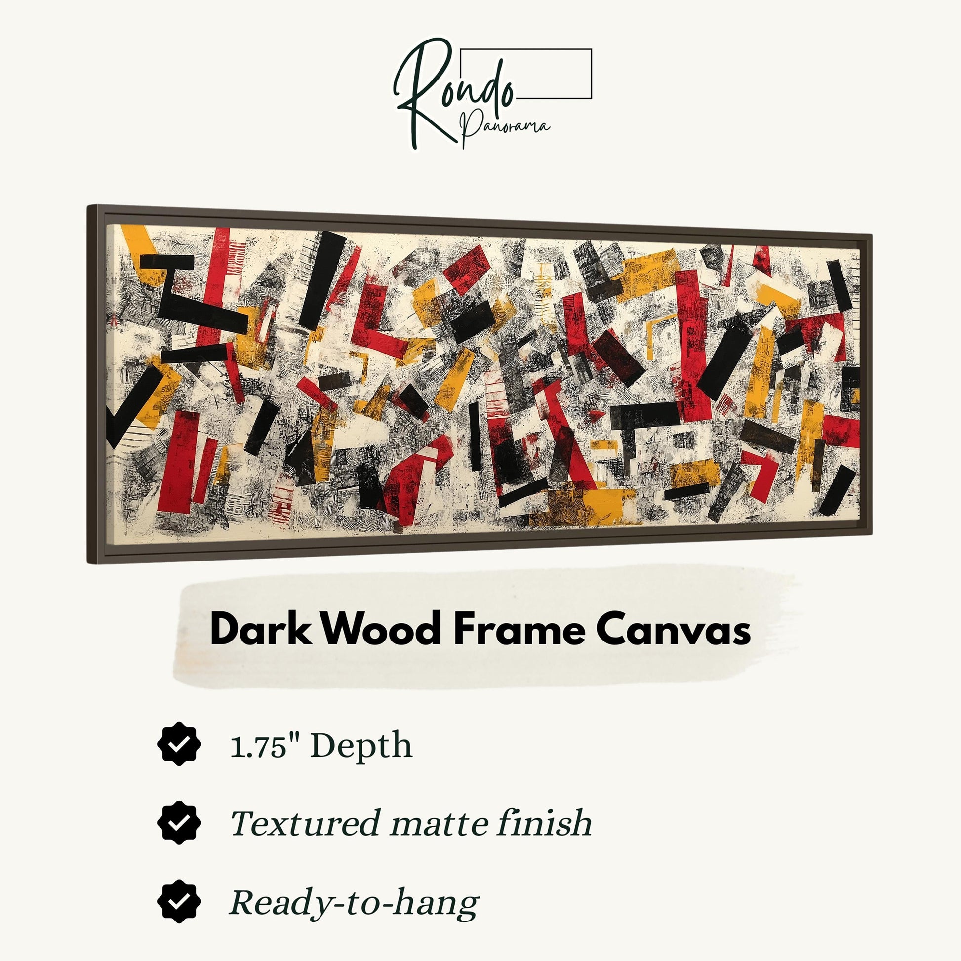 The image is a dark wood frame canvas with a textured matte finish, measuring 1.75" in depth. It is ready to hang and has a textured matte finish.