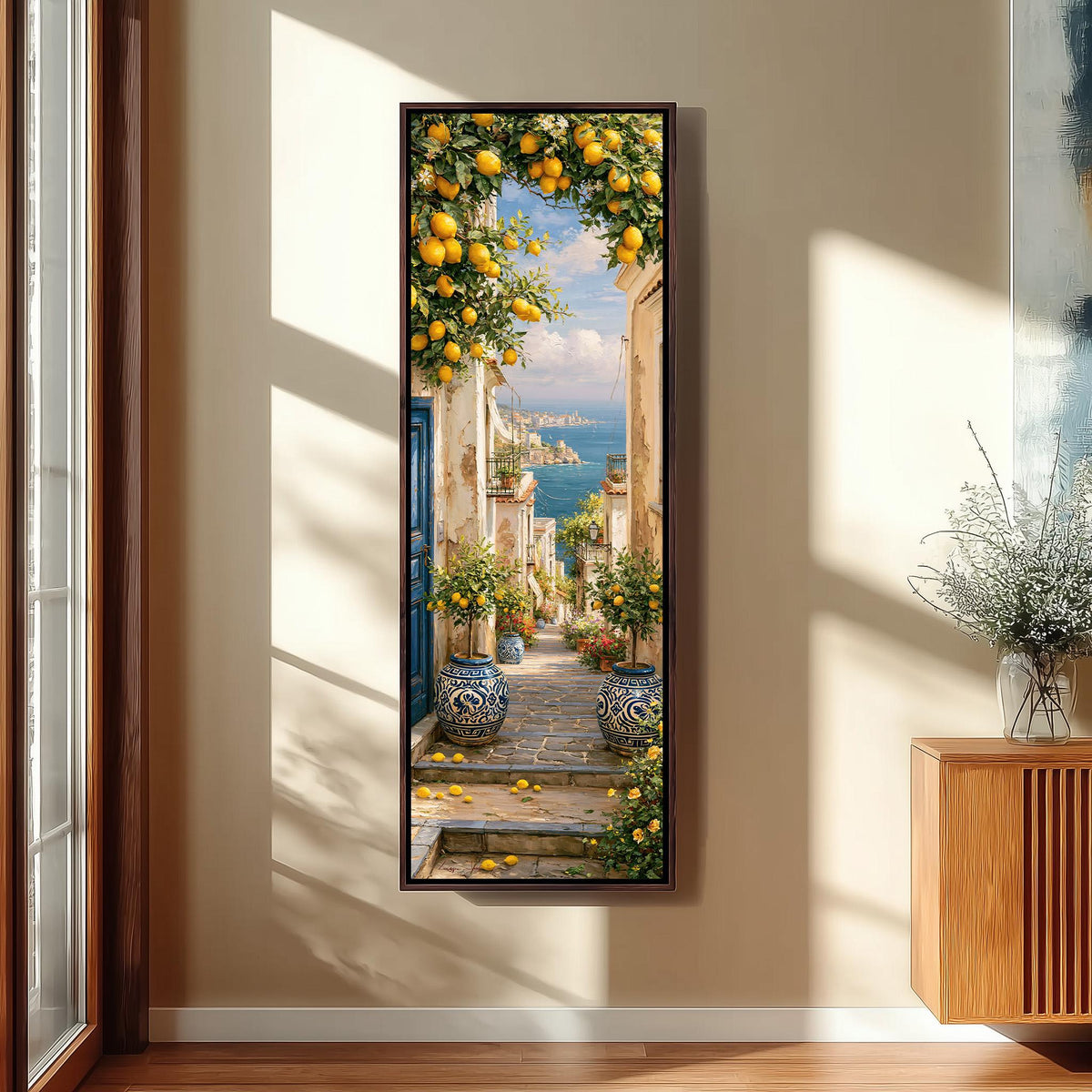 Lemon tree alley leading to the sea long vertical canvas print in a sunlit living space