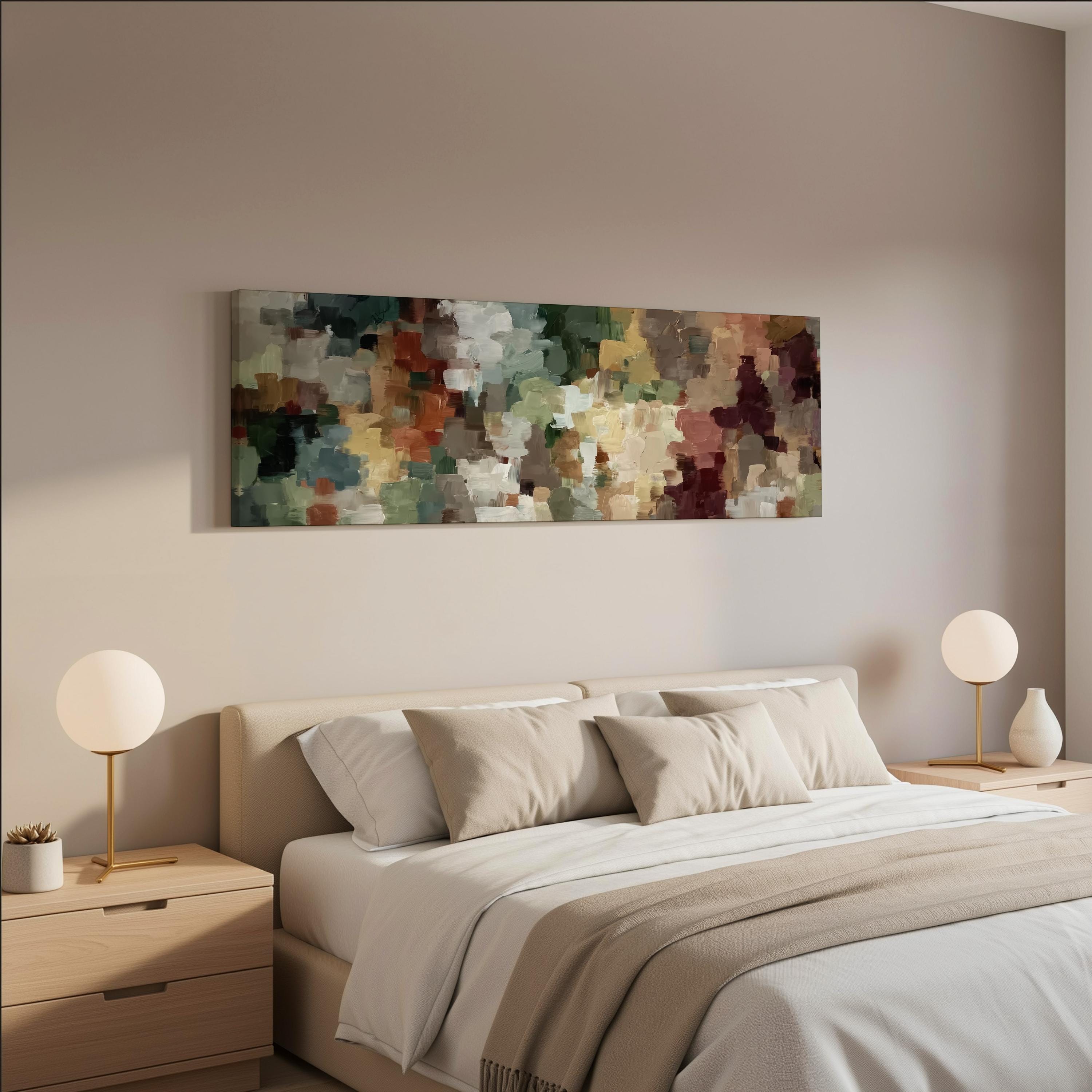 a modern bedroom with a large bed, two nightstands with lamps, and a large abstract painting hanging above the bed.