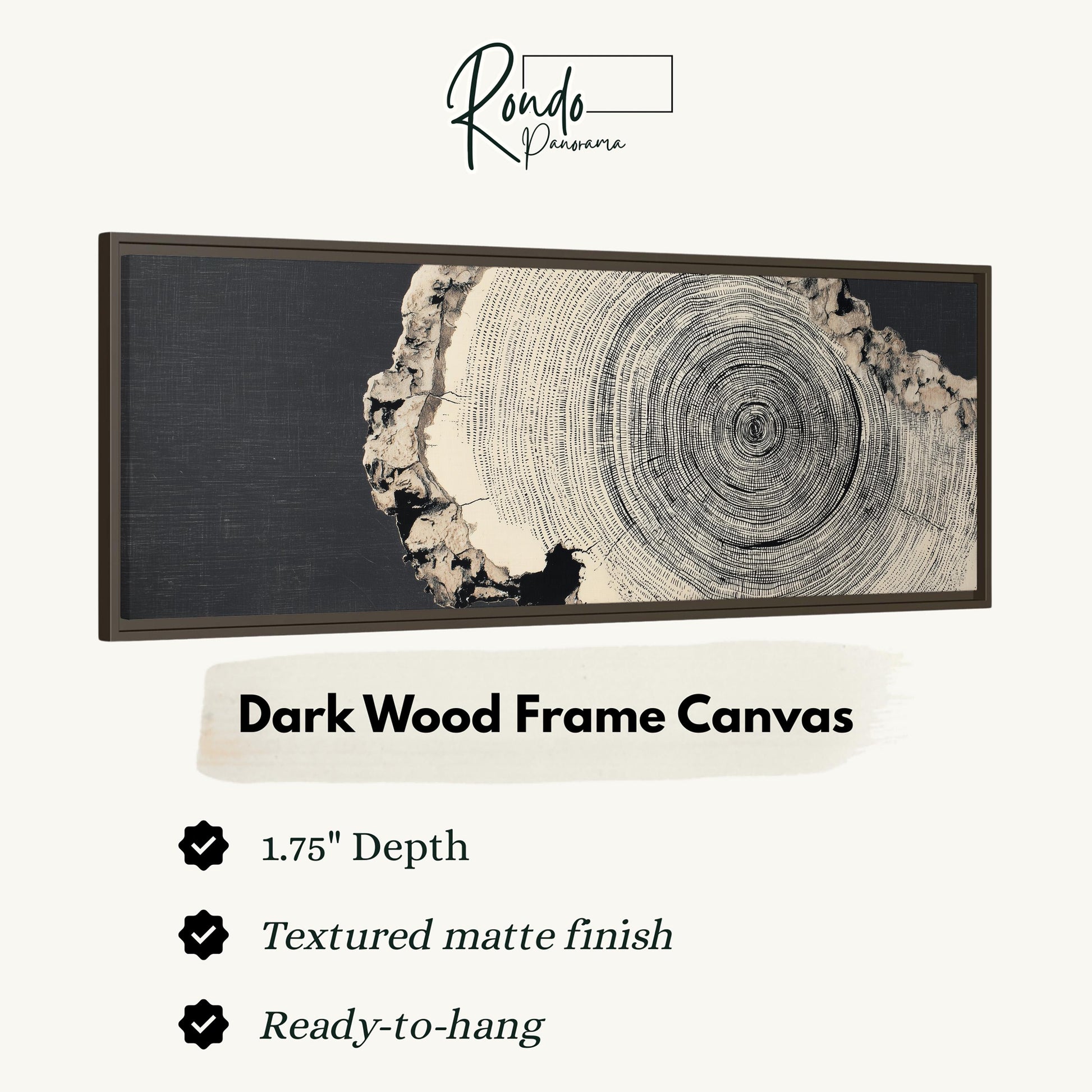 The image is a dark wood frame canvas with a tree stump design.