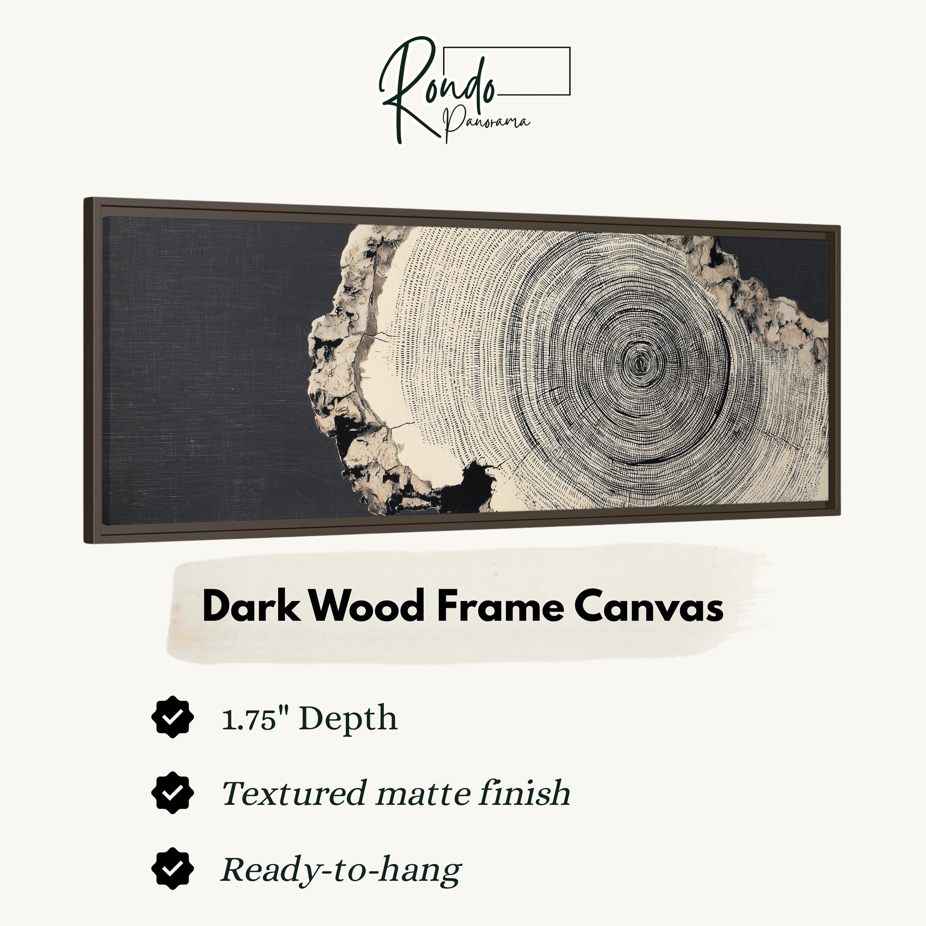 The image is a dark wood frame canvas with a tree stump design.