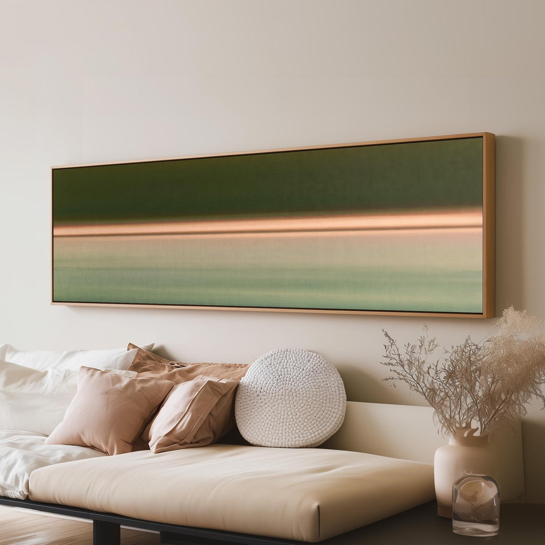 Minimalist dusk horizon gradient long horizontal canvas print above a sofa in a living room