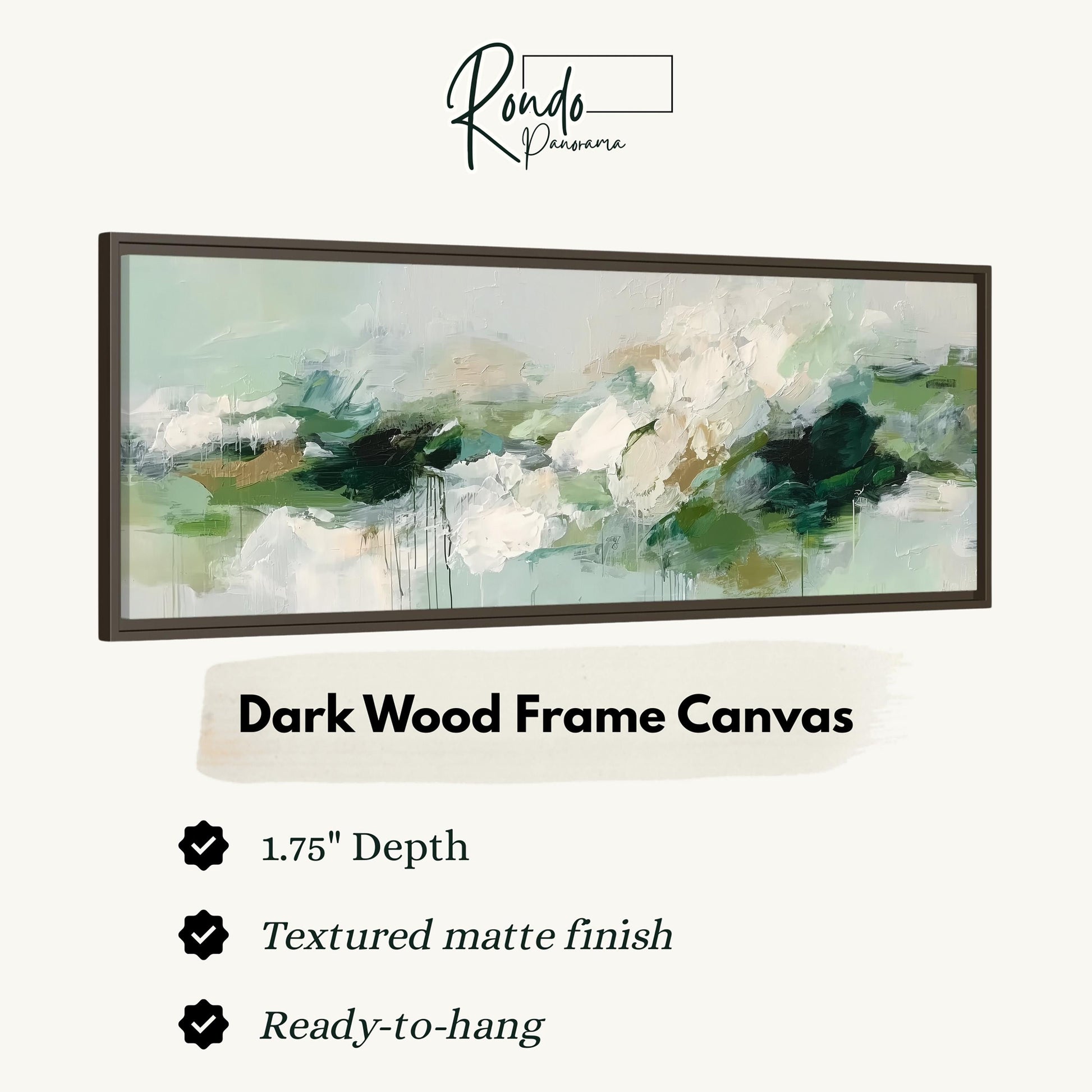 The image is a product advertisement for a dark wood frame canvas. It features a large abstract painting with a mix of green and white colors, and it is described as a 1.75" depth canvas with a textured matte finish and a ready-to-hang feature.